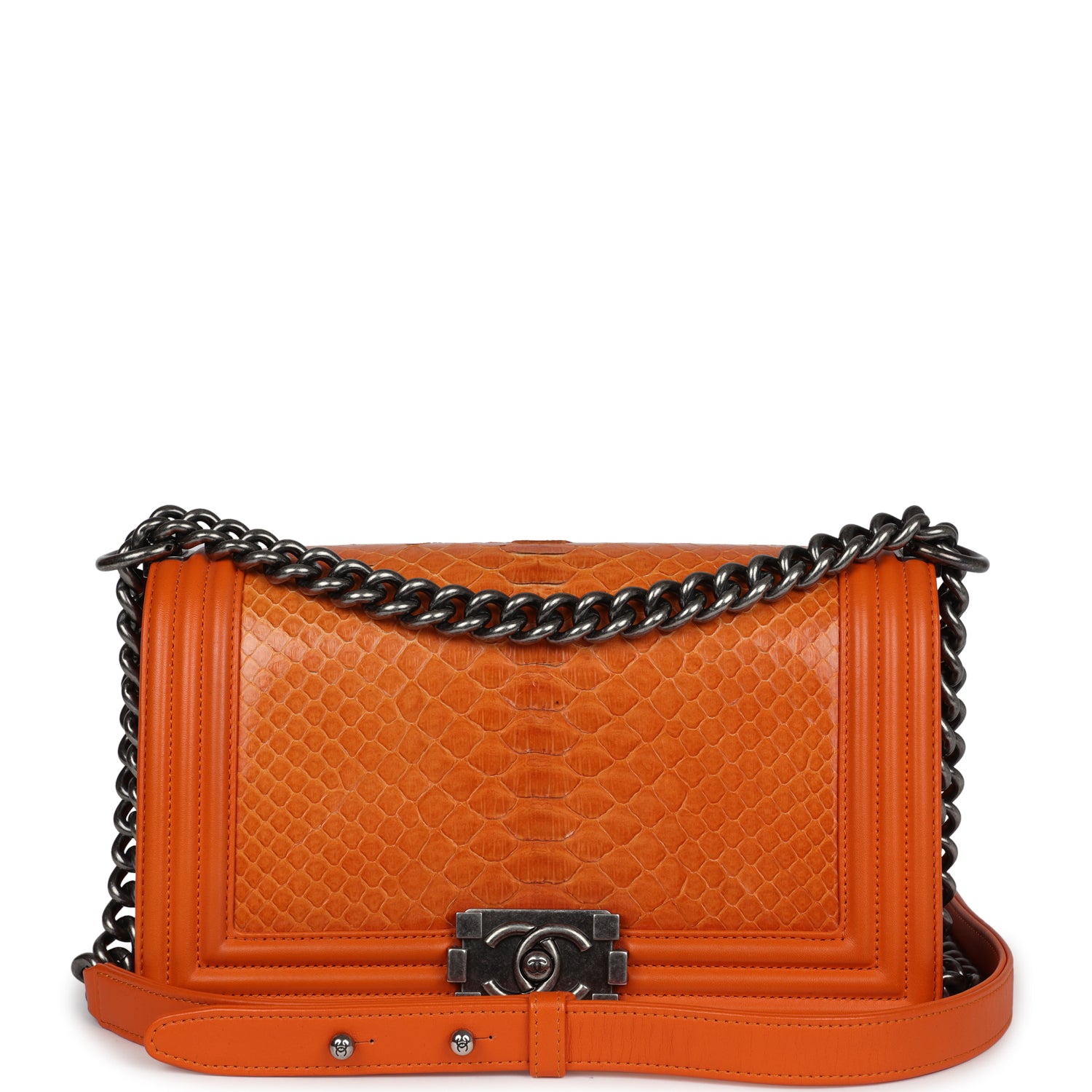 Pre-owned Chanel Medium Boy Bag Orange Python Aged Ruthenium Hardware - Bob Flawless Skincare 