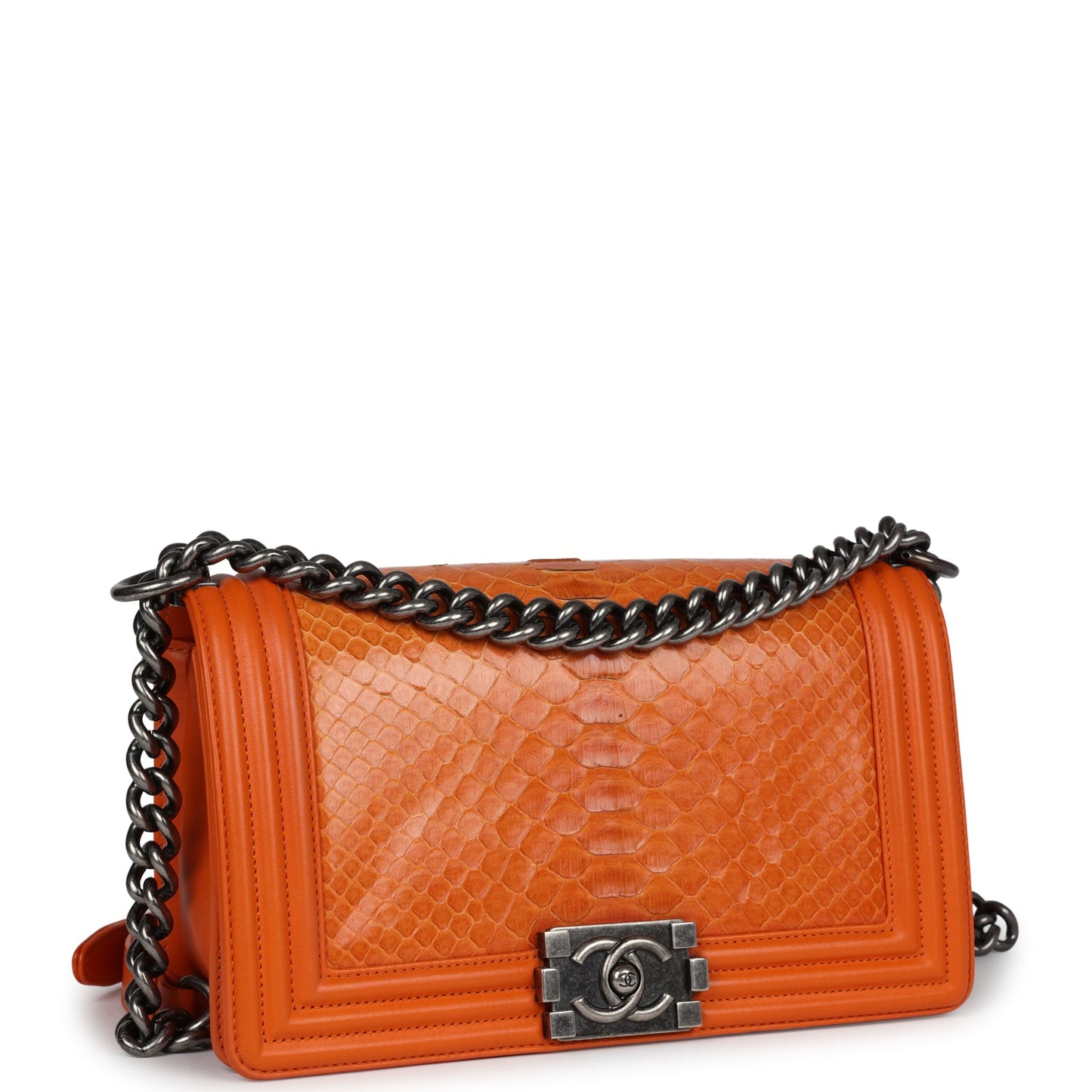 Pre-owned Chanel Medium Boy Bag Orange Python Aged Ruthenium Hardware - Bob Flawless Skincare 