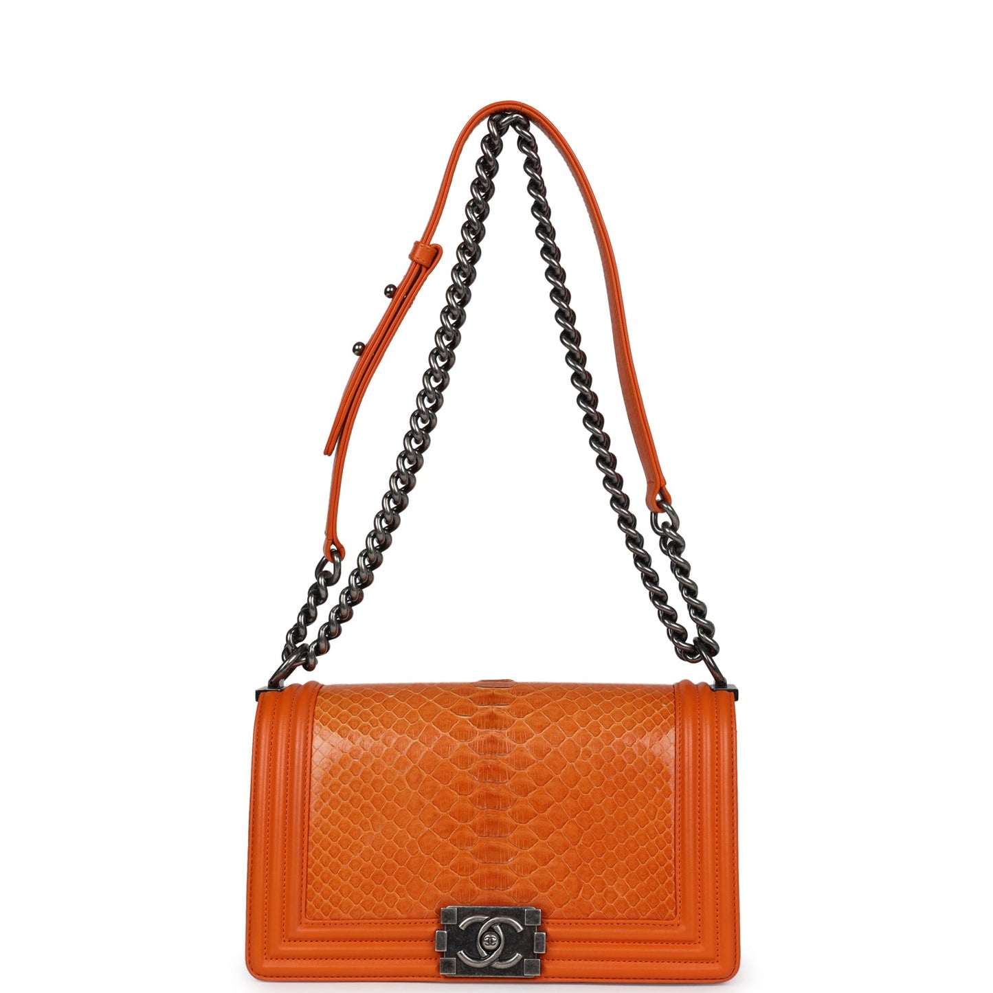 Pre-owned Chanel Medium Boy Bag Orange Python Aged Ruthenium Hardware - Bob Flawless Skincare 