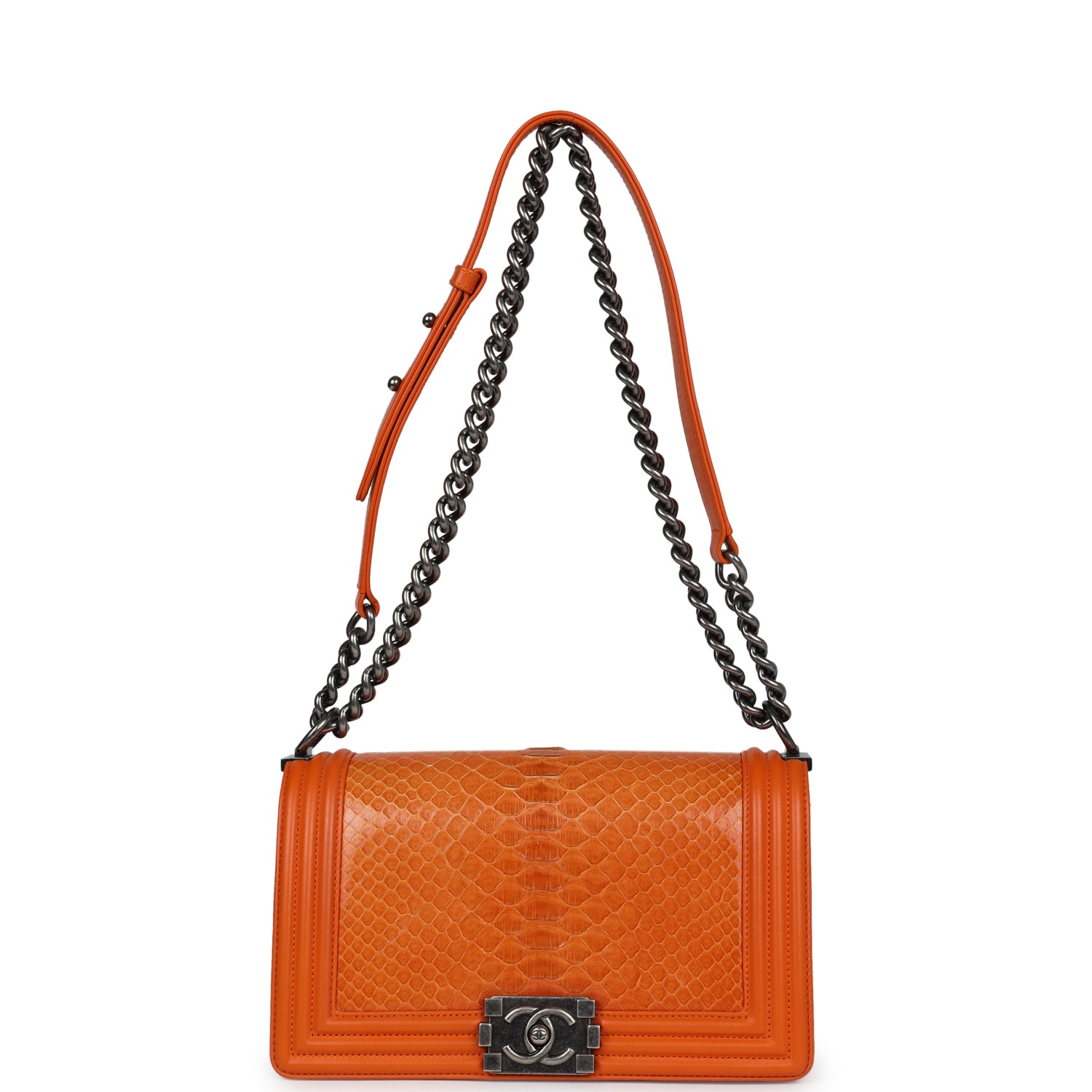 Pre-owned Chanel Medium Boy Bag Orange Python Aged Ruthenium Hardware - Bob Flawless Skincare 