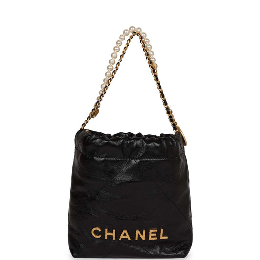 Chanel Mini 22 Bag Black Calfskin and Pearl Antique Gold Hardware -Balance Due