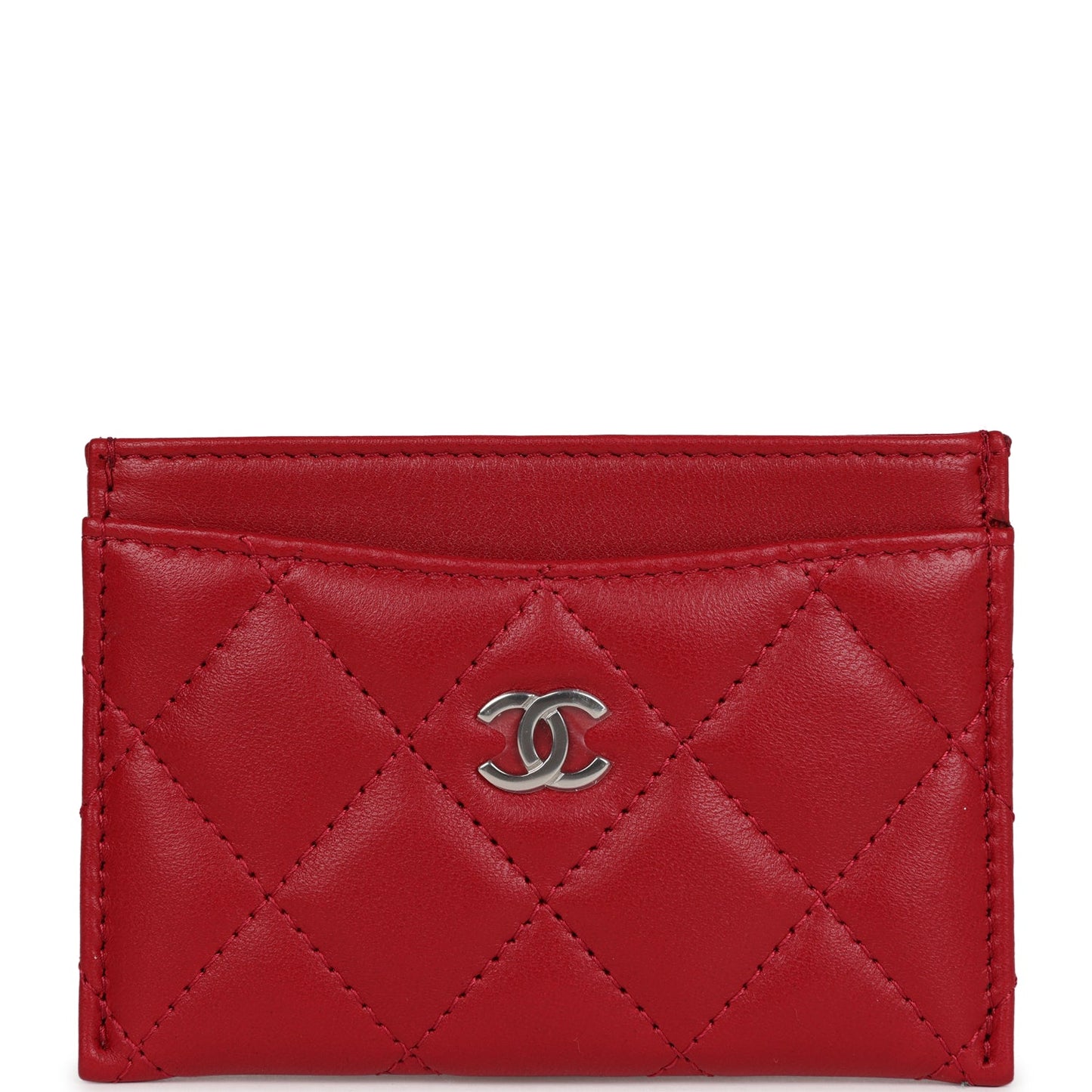 Chanel Card Holder Wallet Red Lambskin Silver Hardware