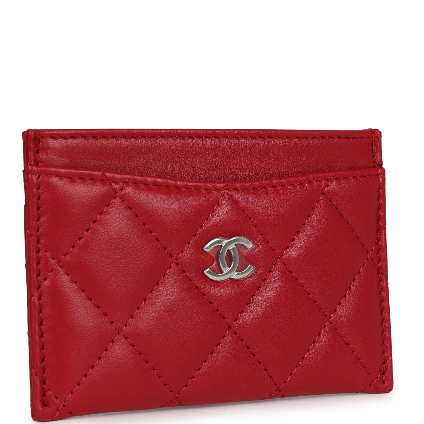 Chanel Card Holder Wallet Red Lambskin Silver Hardware