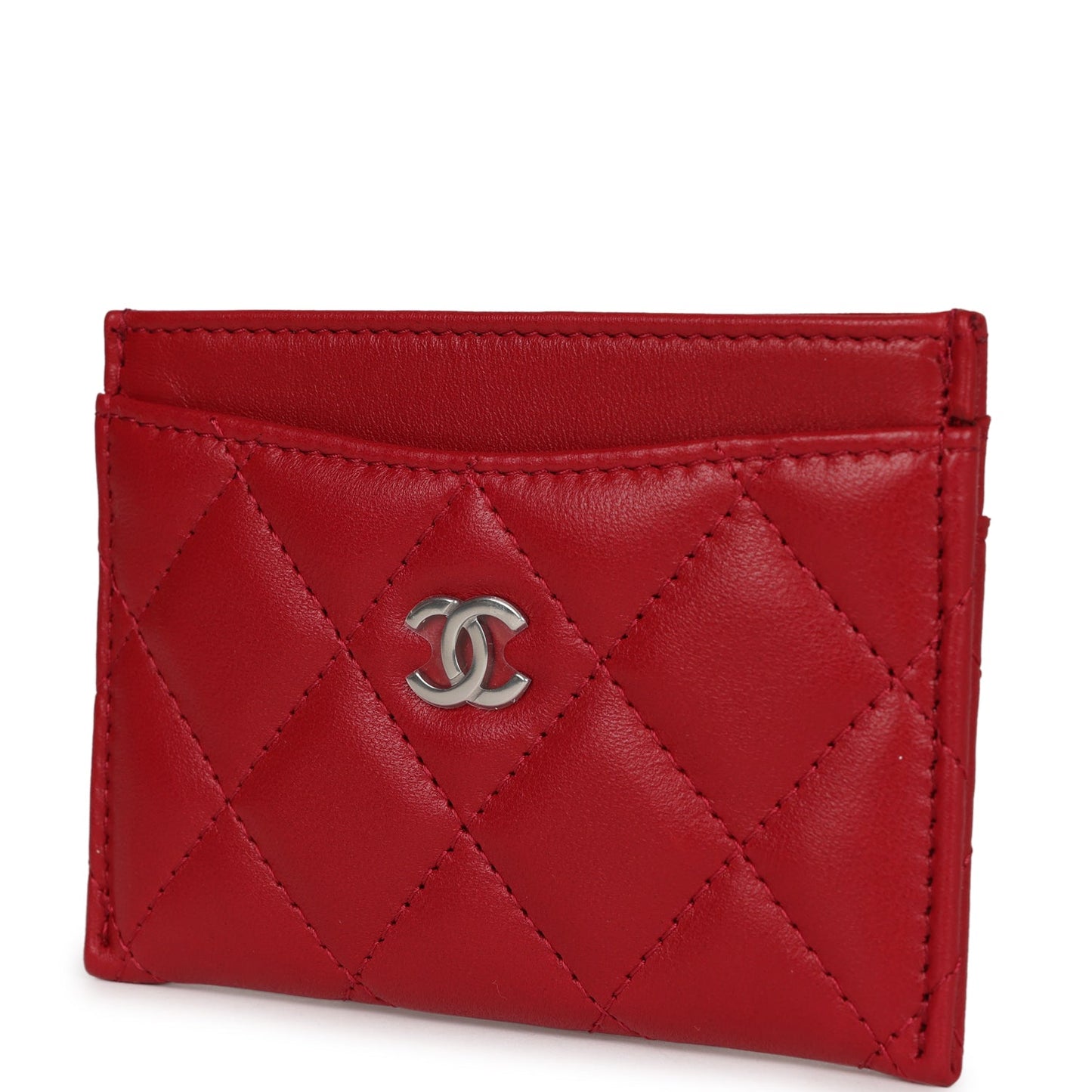 Chanel Card Holder Wallet Red Lambskin Silver Hardware