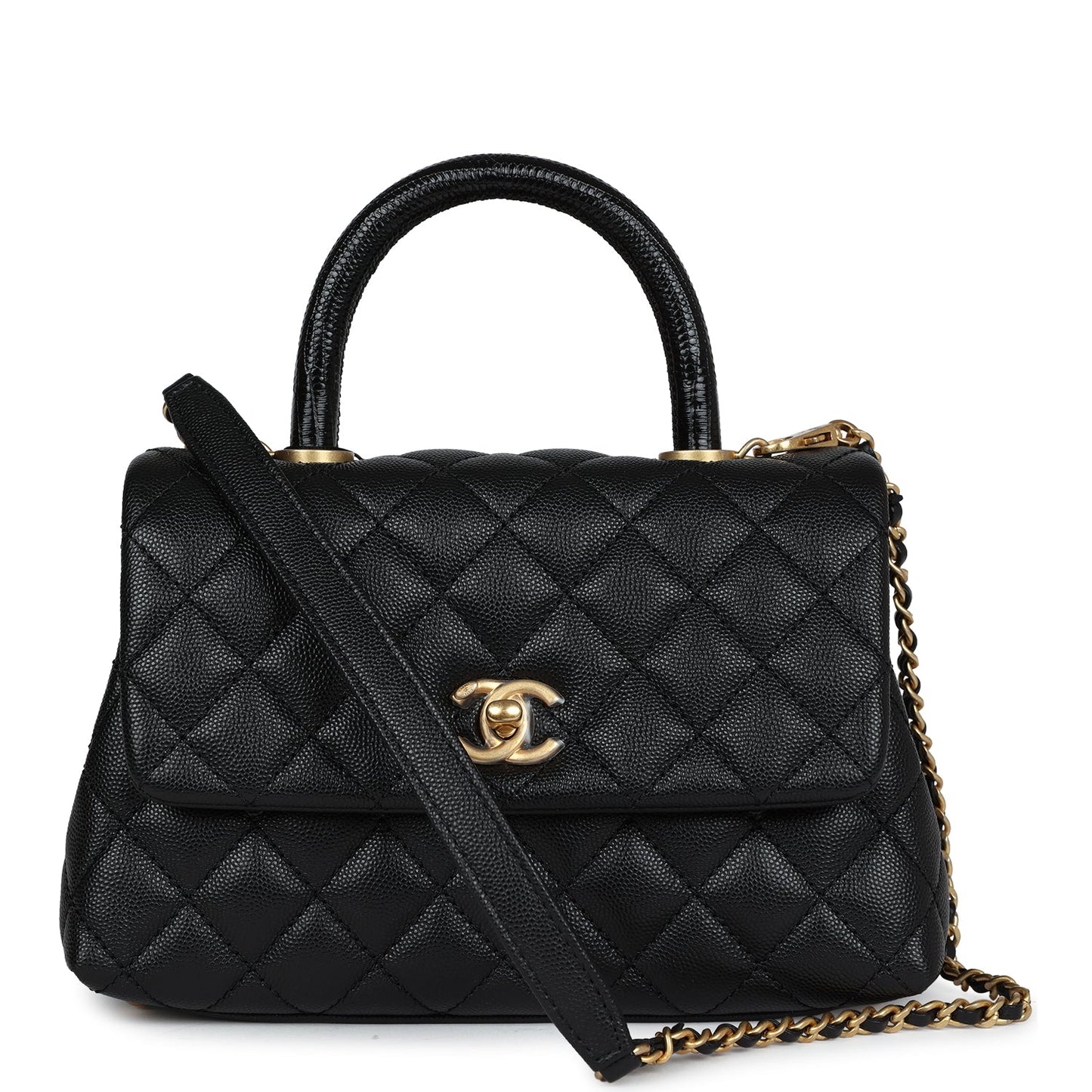 Chanel Mini Coco Handle Black Caviar and Lizard Antique Gold Hardware