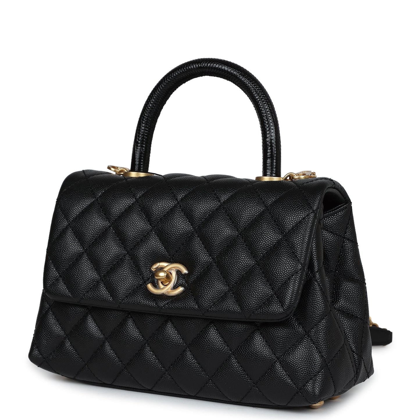 Chanel Mini Coco Handle Black Caviar and Lizard Antique Gold Hardware