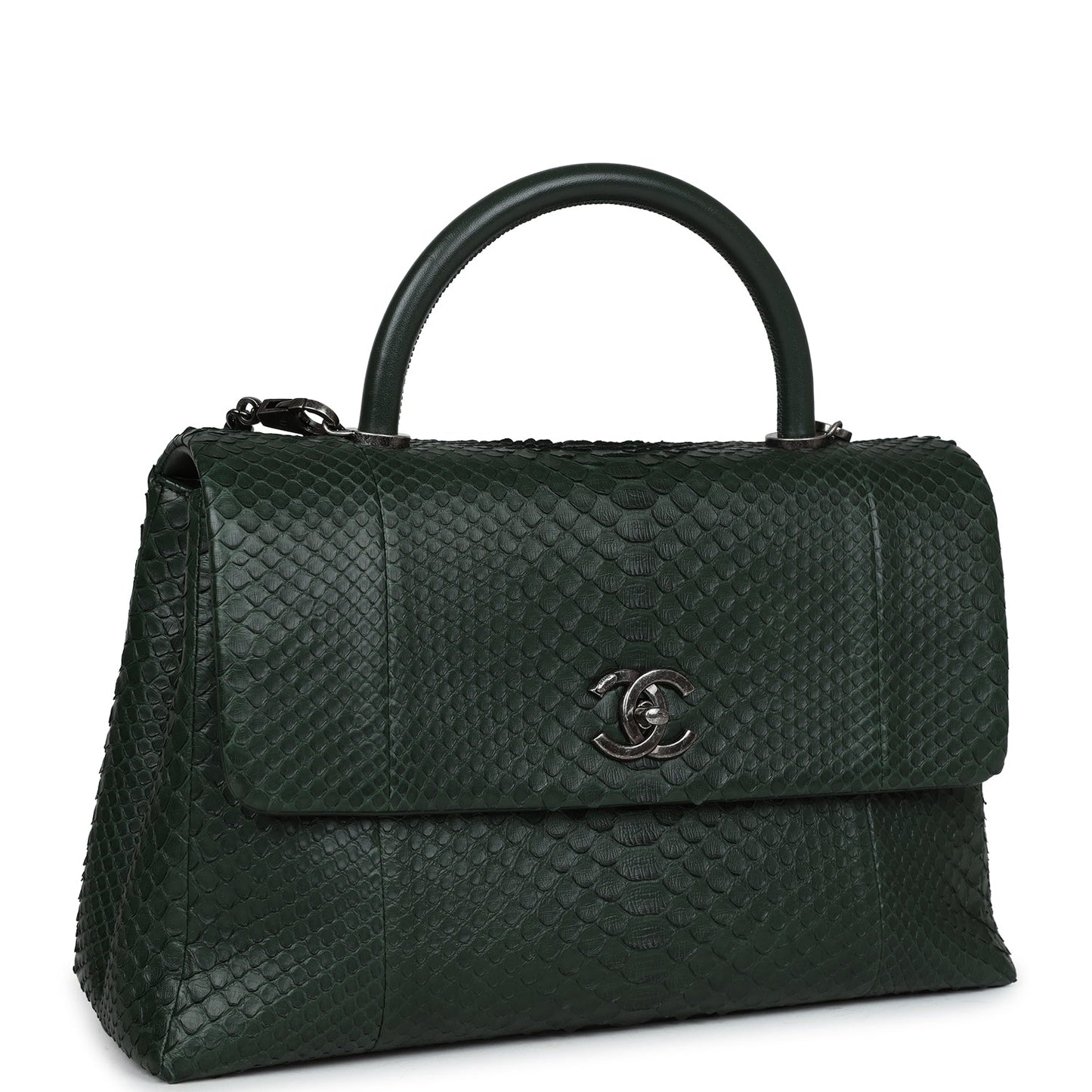 Pre-owned Chanel Medium Coco Handle Flap Bag Dark Green Python Ruthenium Hardware