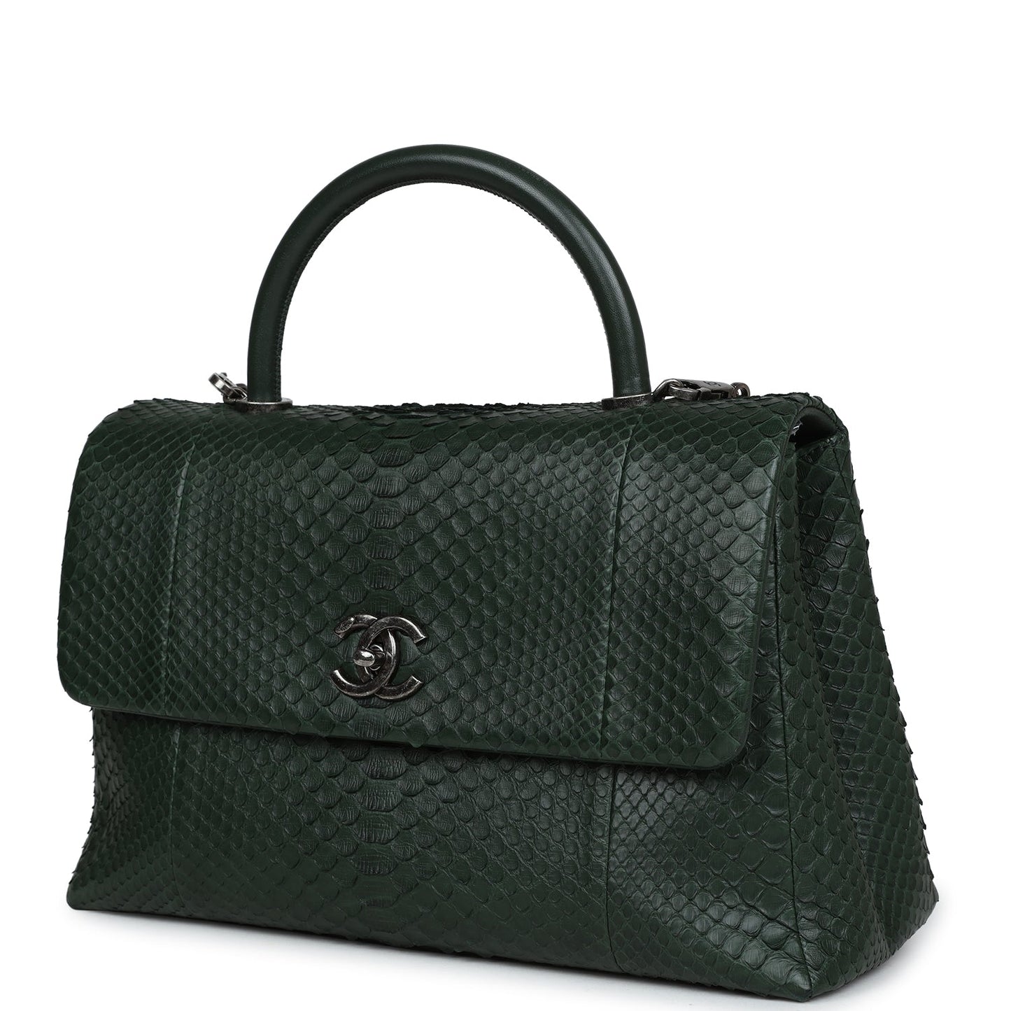 Pre-owned Chanel Medium Coco Handle Flap Bag Dark Green Python Ruthenium Hardware