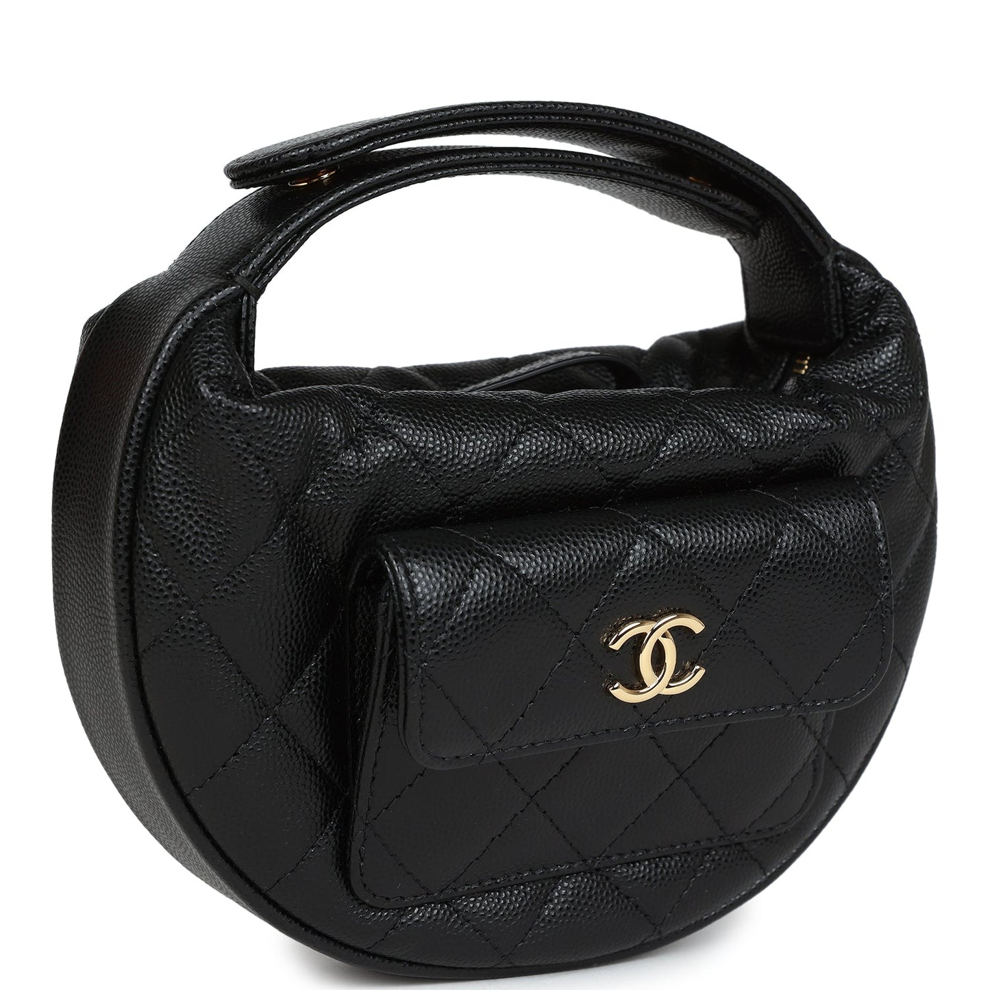 Chanel Mini Round Hobo Pouch Bag Black Caviar Gold Hardware