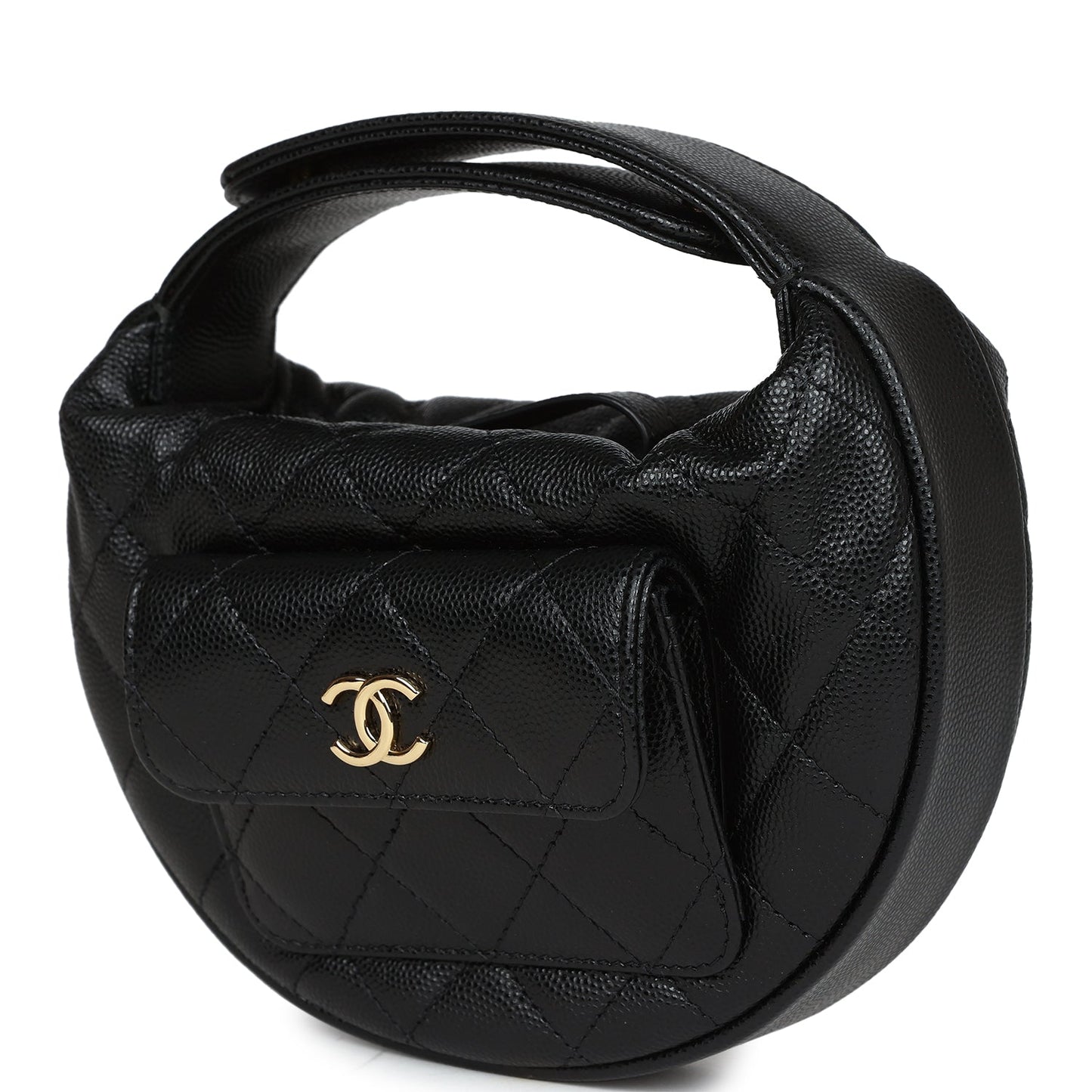 Chanel Mini Round Hobo Pouch Bag Black Caviar Gold Hardware