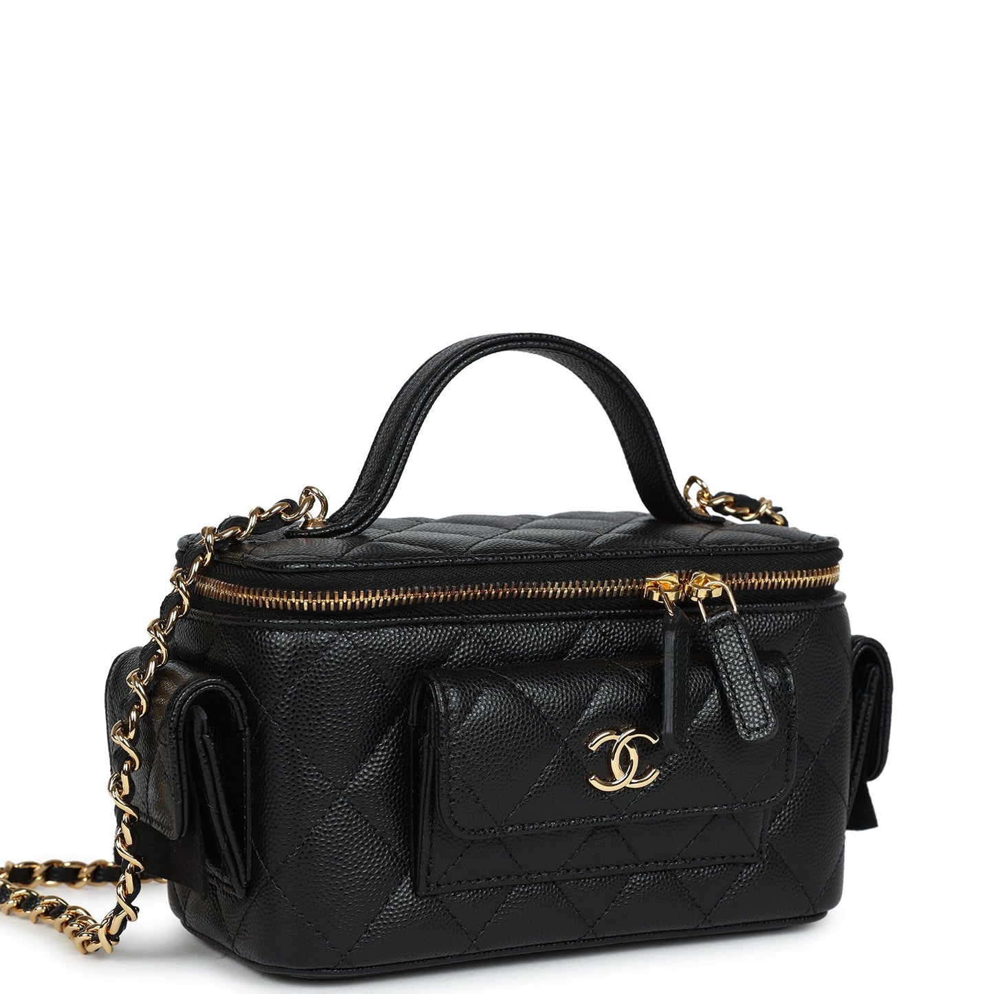 Chanel Mini Pocket Vanity Top Handle Case Black Caviar Gold Hardware