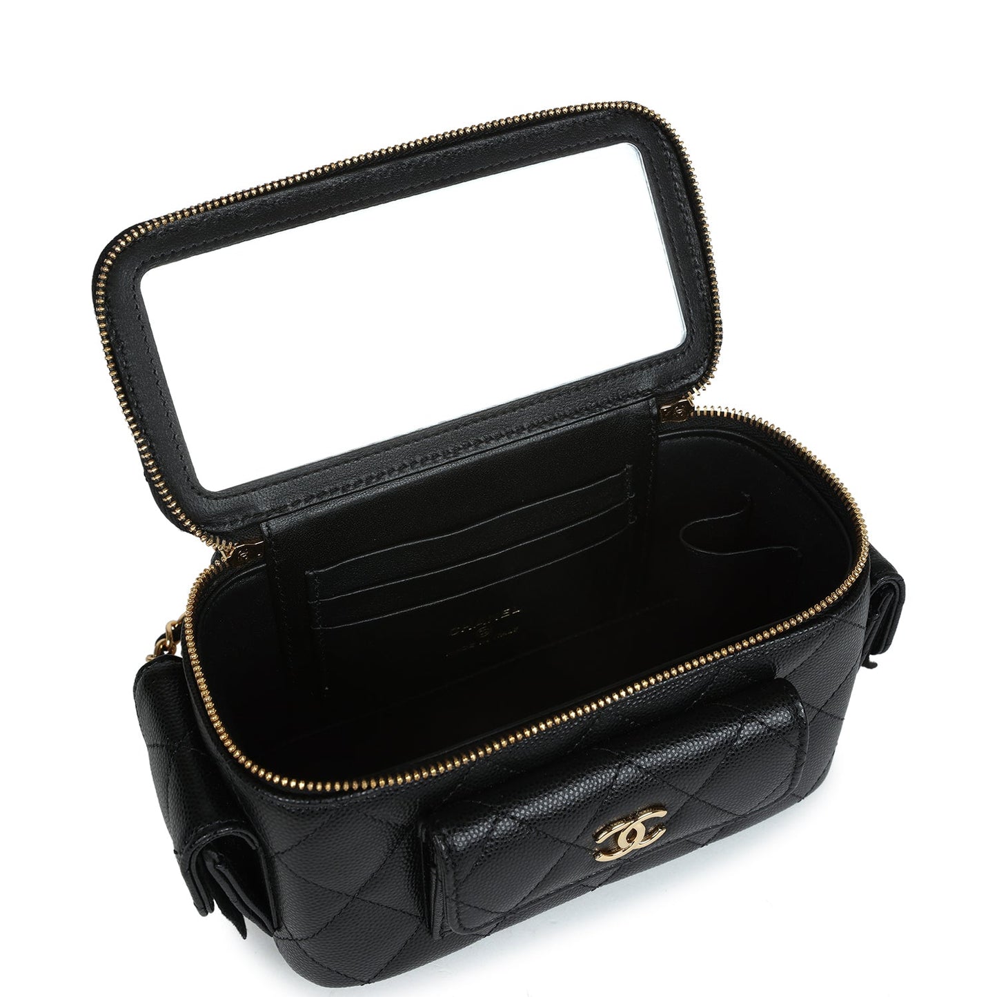 Chanel Mini Pocket Vanity Top Handle Case Black Caviar Gold Hardware