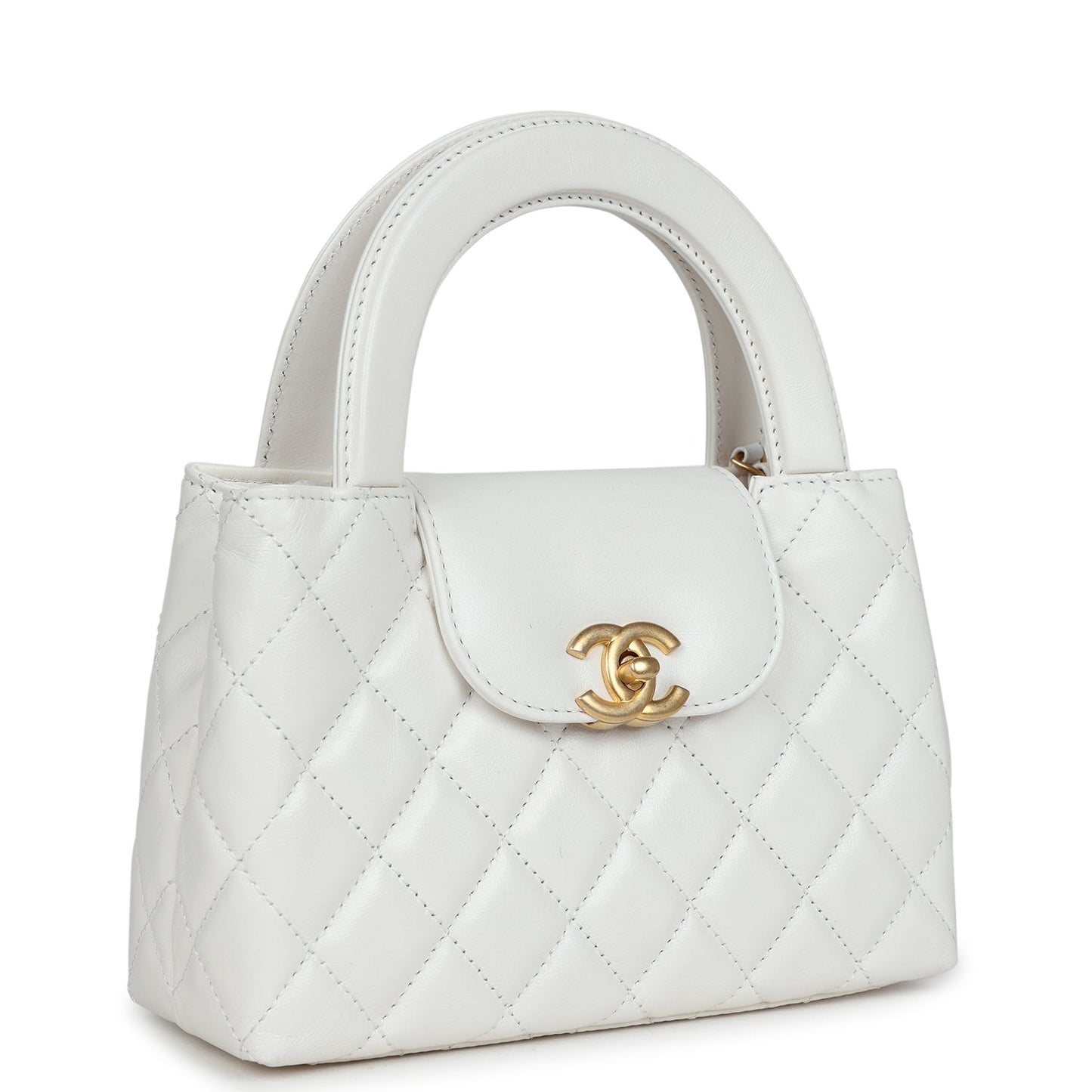 Chanel Small Kelly Shopper White Shiny Aged Calfskin Brushed Gold Hardware