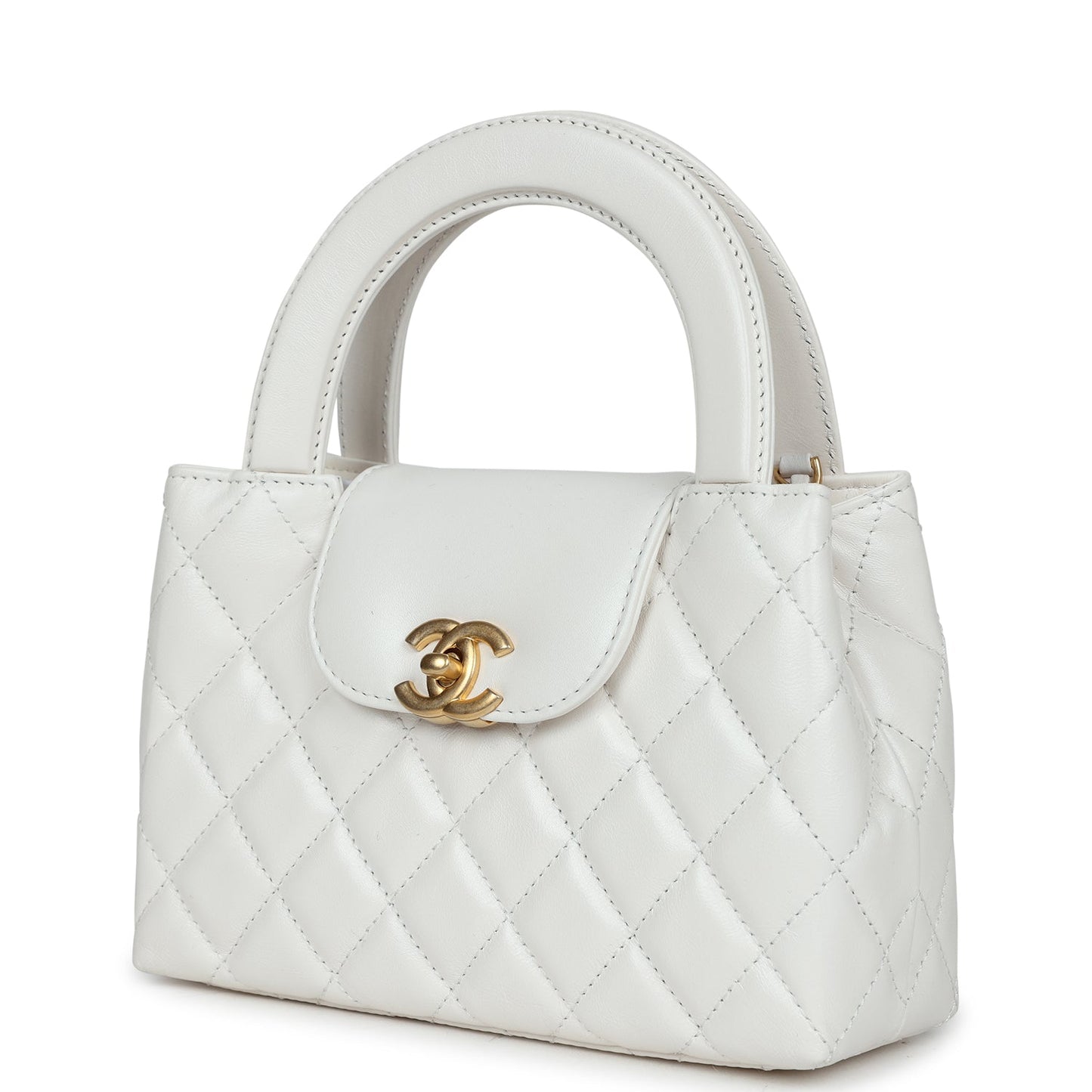 Chanel Small Kelly Shopper White Shiny Aged Calfskin Brushed Gold Hardware