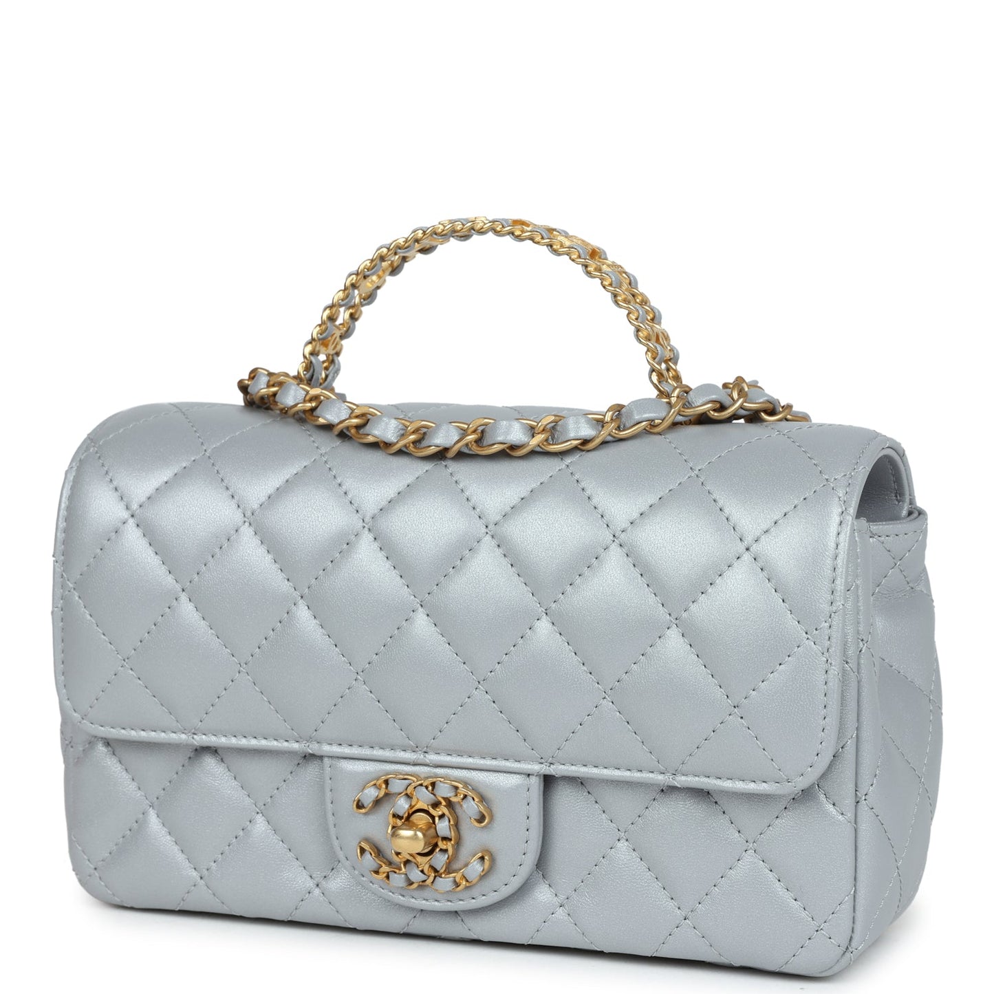 Chanel Mini Rectangular Flap Bag with Top Handle Grey Lambskin Antique Gold Hardware