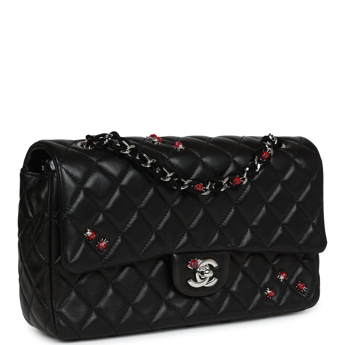 Pre-owned Chanel Medium Lady Bug Single Flap Bag Black Lambskin Silver Hardware