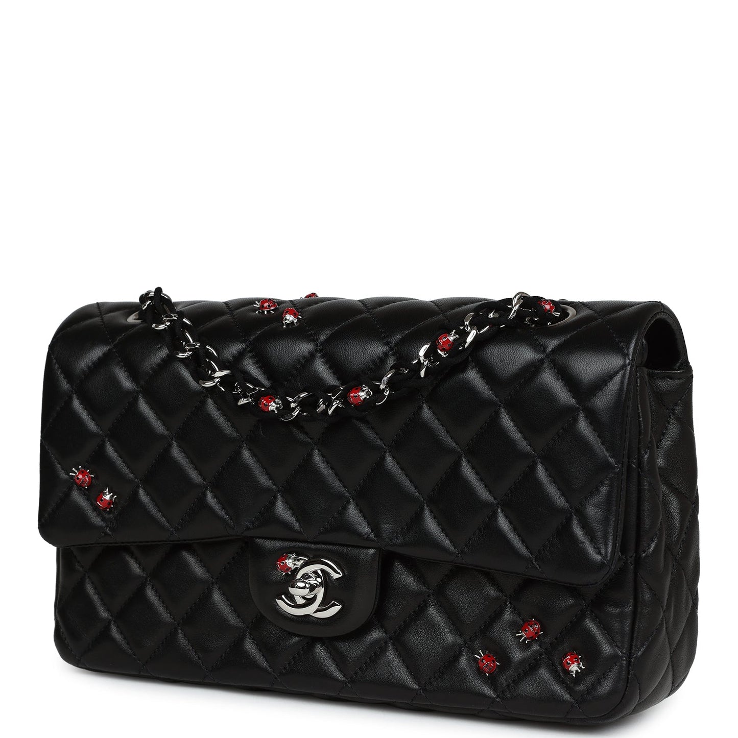 Pre-owned Chanel Medium Lady Bug Single Flap Bag Black Lambskin Silver Hardware