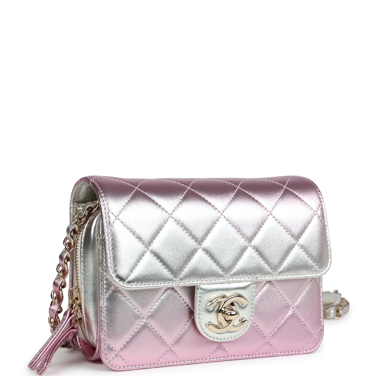 Chanel Mini Flap Bag Pink and Silver Metallic Lambskin Light Gold Hardware