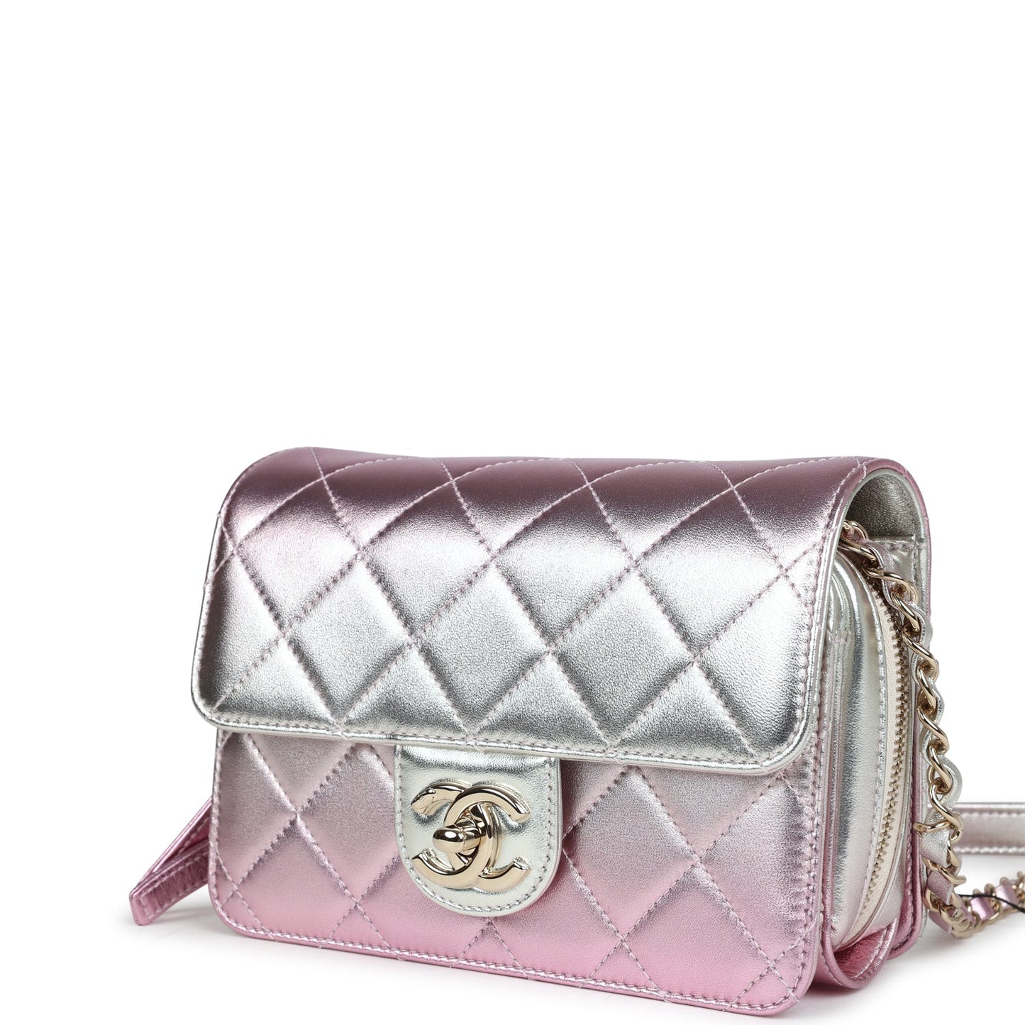 Chanel Mini Flap Bag Pink and Silver Metallic Lambskin Light Gold Hardware