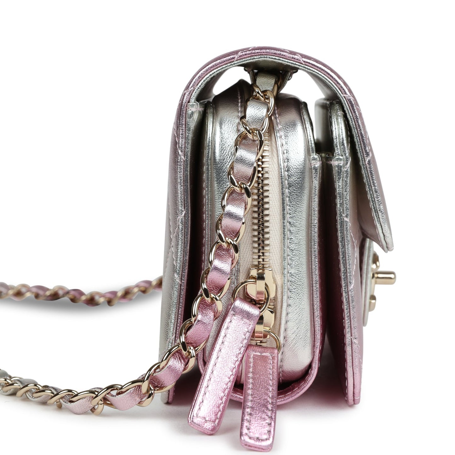 Chanel Mini Flap Bag Pink and Silver Metallic Lambskin Light Gold Hardware