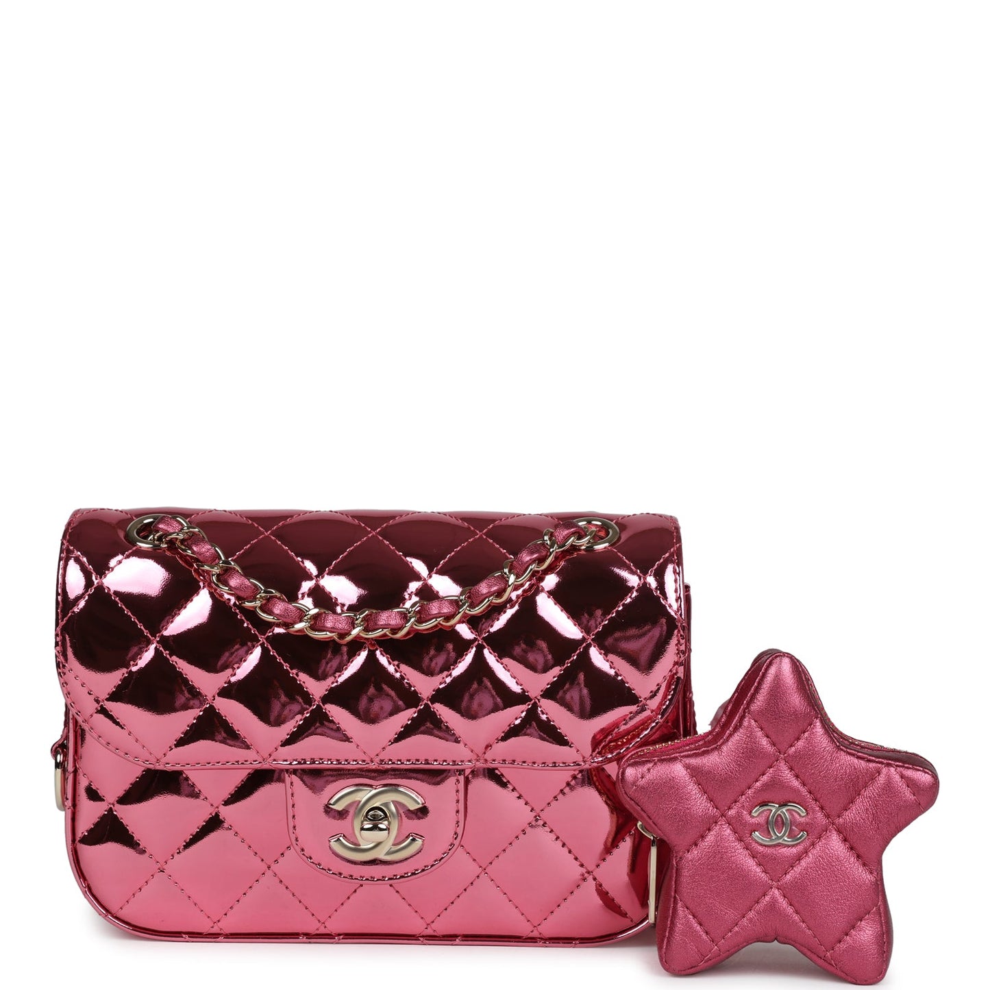 Chanel Mini Flap Bag & Star Coin Purse Pink Mirror Calfskin/Metallic Calfskin Light Gold Hardware