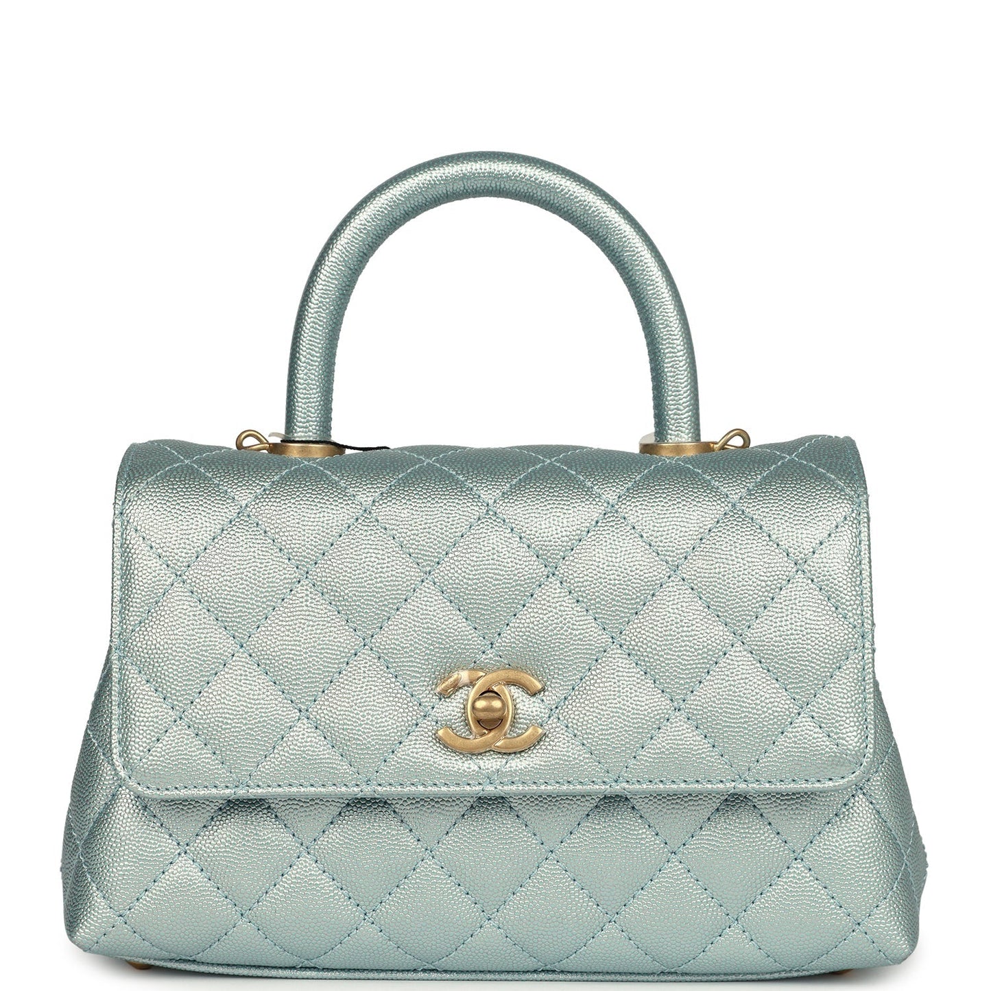 Chanel Small Coco Handle Flap Bag Light Blue Iridescent Caviar Aged Gold Hardware