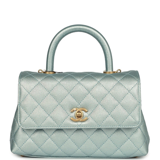 Chanel Small Coco Handle Flap Bag Light Blue Iridescent Caviar Aged Gold Hardware