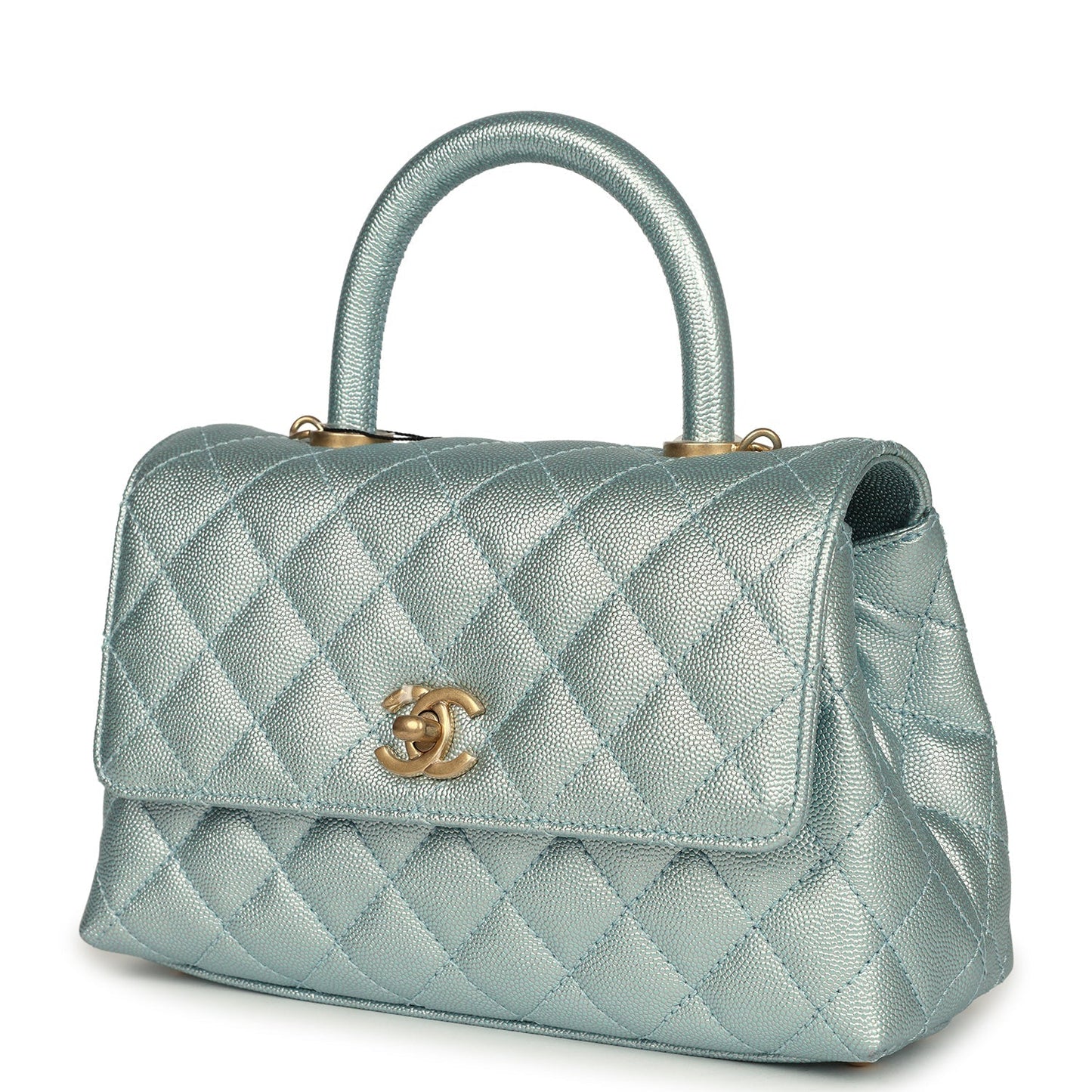 Chanel Small Coco Handle Flap Bag Light Blue Iridescent Caviar Aged Gold Hardware