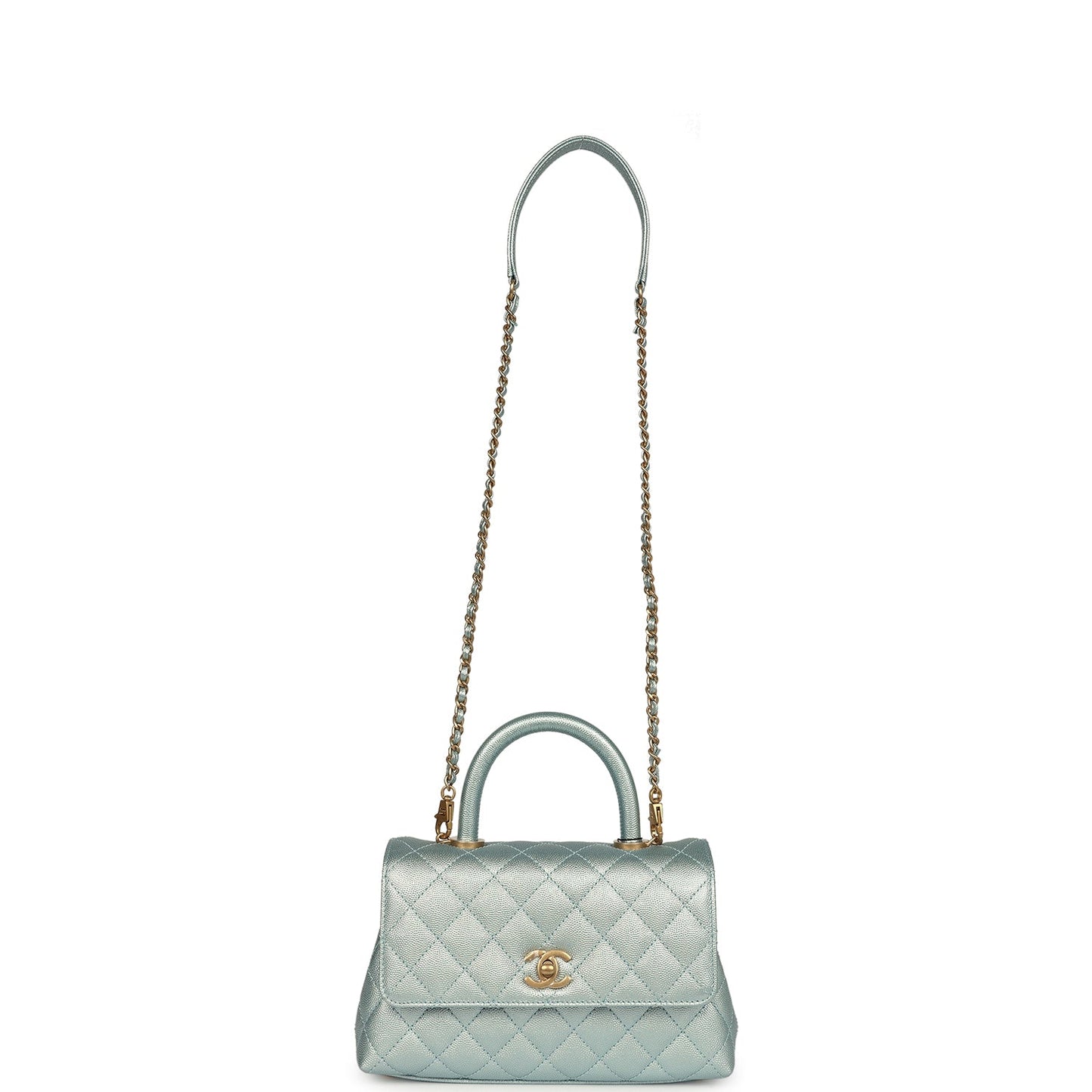 Chanel Small Coco Handle Flap Bag Light Blue Iridescent Caviar Aged Gold Hardware