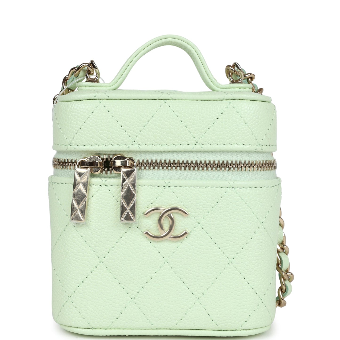 Chanel Mini Top Handle Crossbody Vanity Case Light Green Caviar Gold Hardware