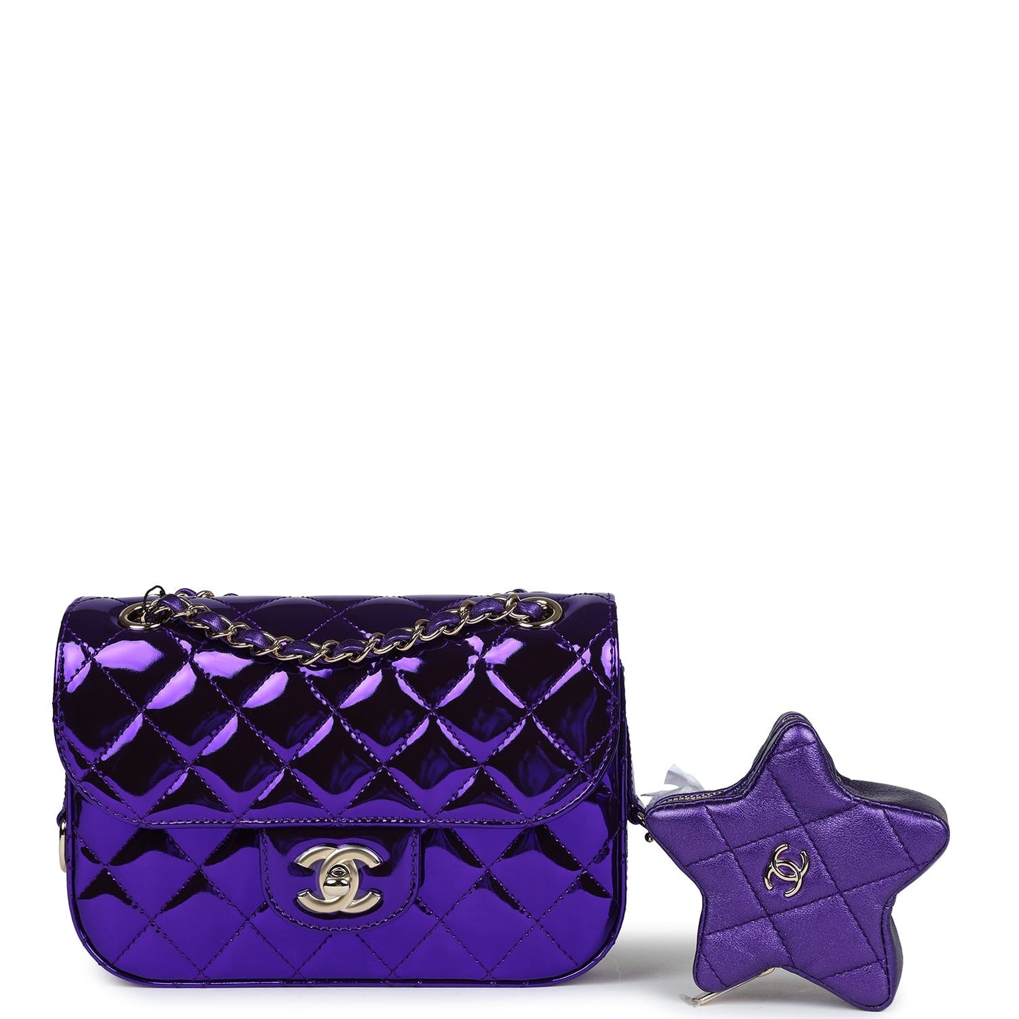 Chanel Mini Flap Bag & Star Coin Purse Purple Mirror Calfskin/Metallic Calfskin Light Gold Hardware