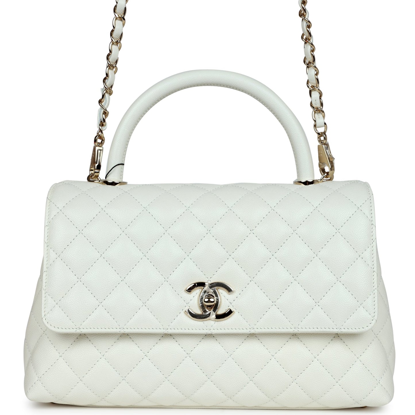 Chanel Medium Coco Handle Flap Bag White Caviar Light Gold Hardware