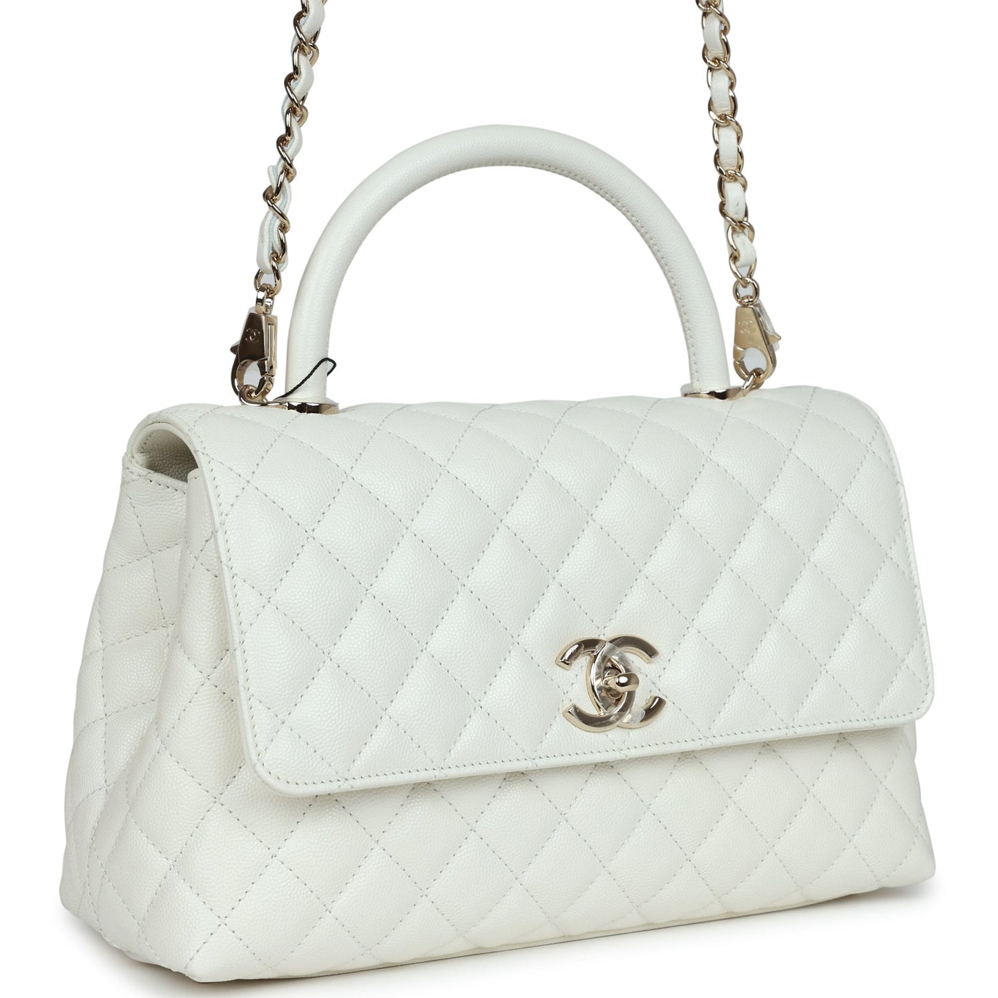 Chanel Medium Coco Handle Flap Bag White Caviar Light Gold Hardware