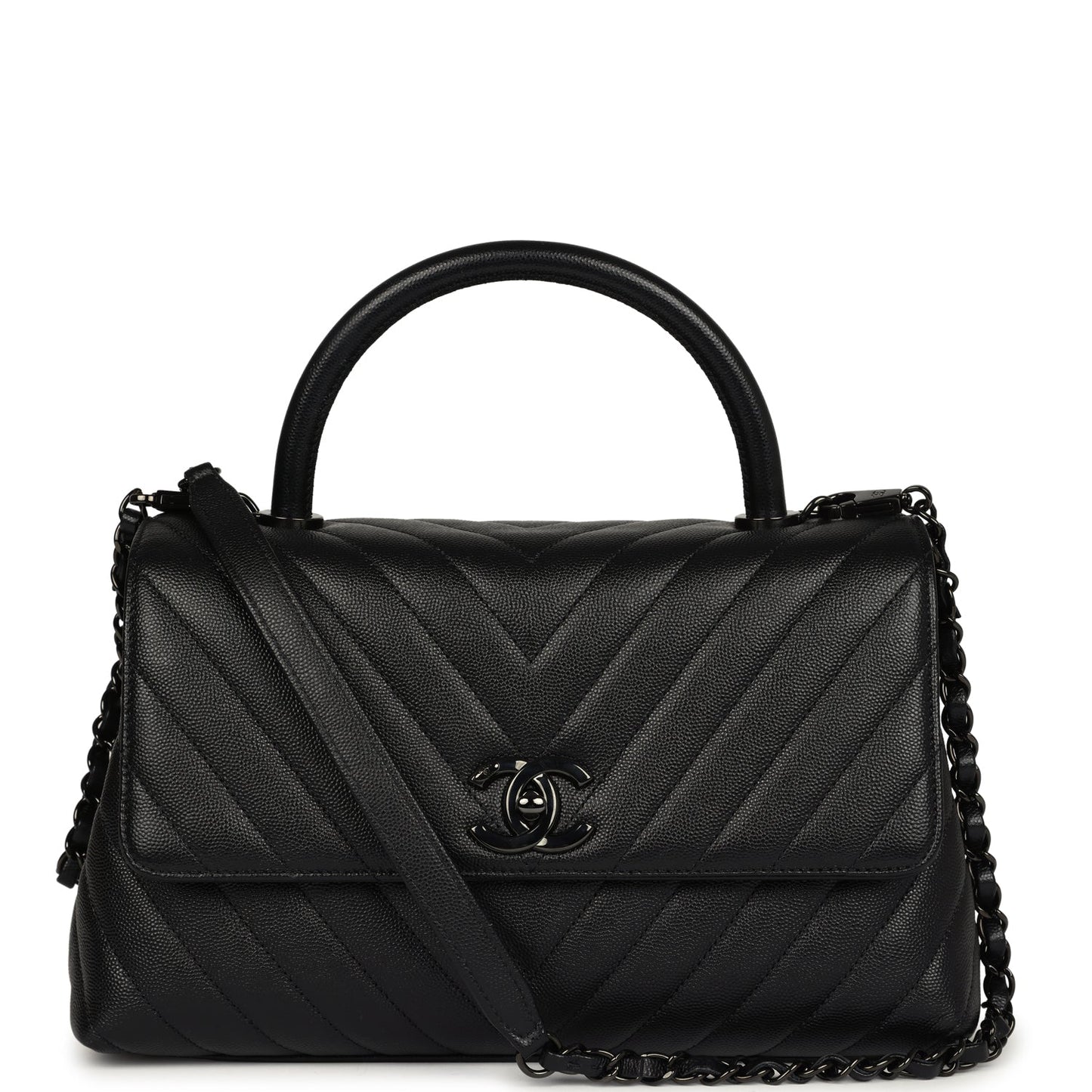 Chanel Medium Coco Top Handle So Black Chevron Caviar Black Hardware