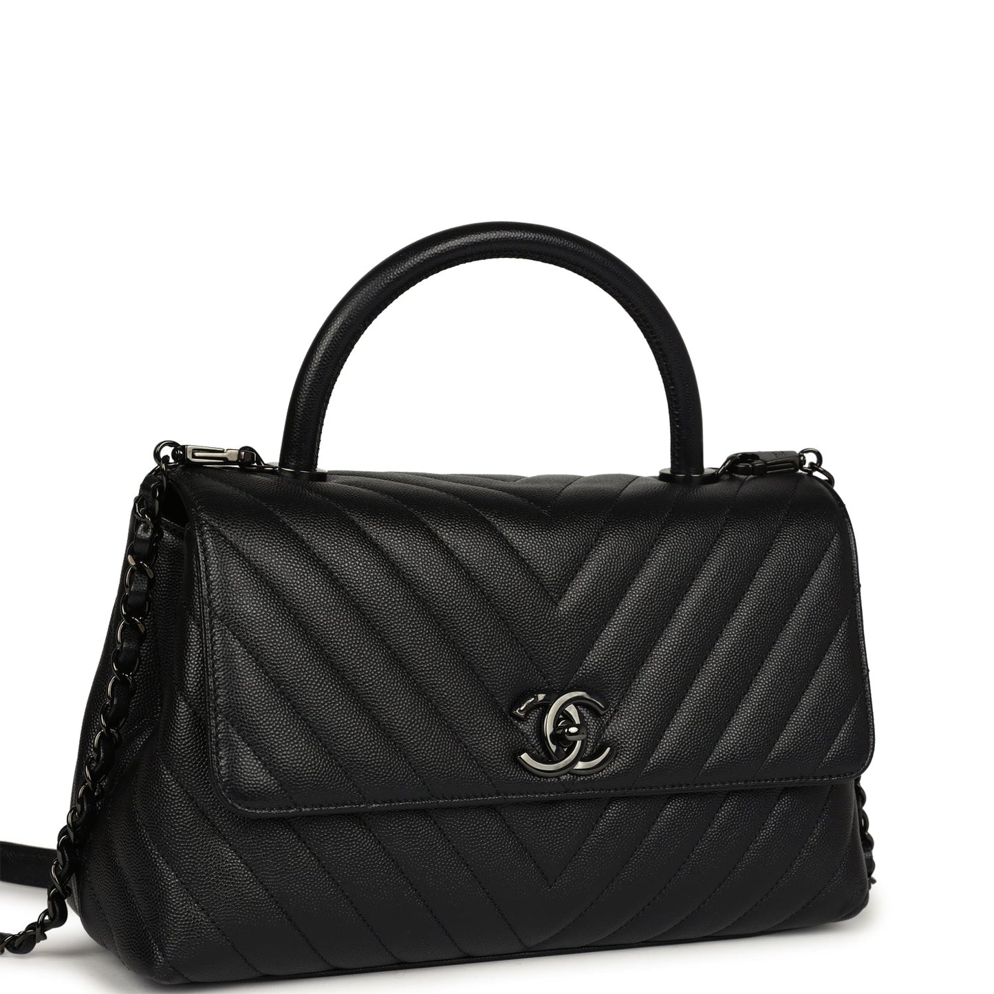 Chanel Medium Coco Top Handle So Black Chevron Caviar Black Hardware