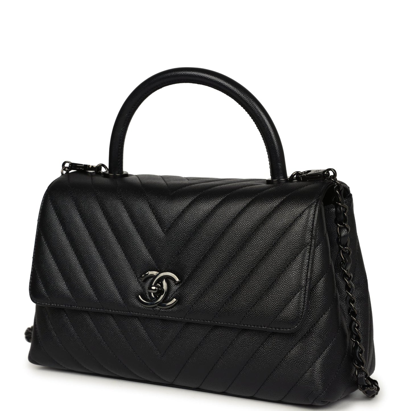 Chanel Medium Coco Top Handle So Black Chevron Caviar Black Hardware