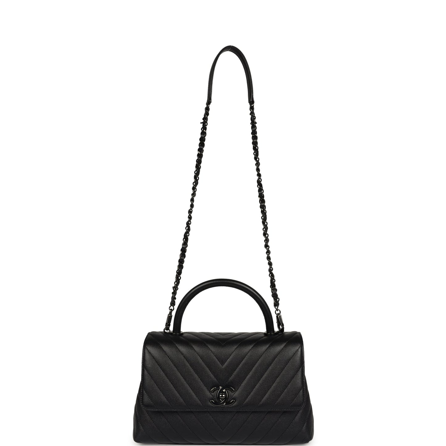 Chanel Medium Coco Top Handle So Black Chevron Caviar Black Hardware