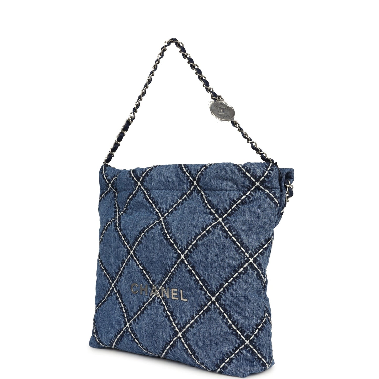 Chanel Small 22 Bag Blue Stitched Denim Silver Hardware