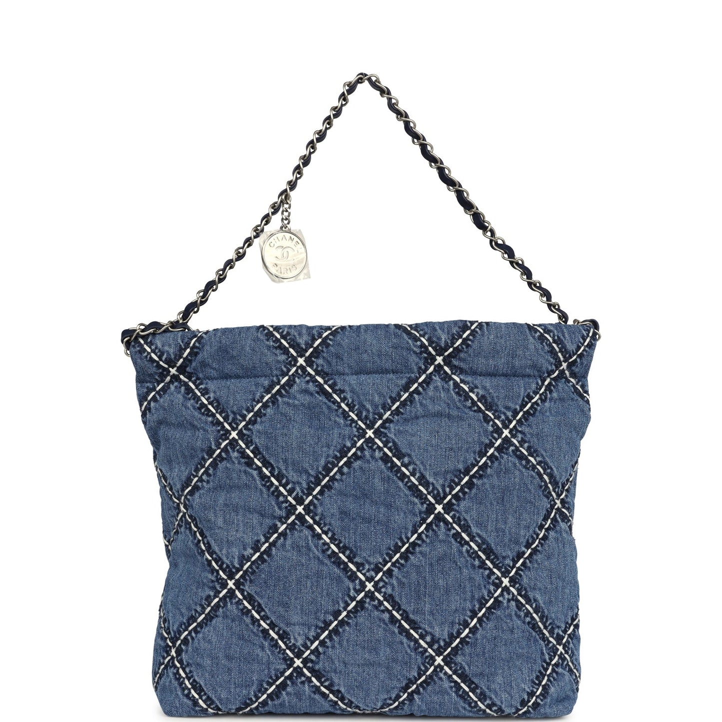 Chanel Small 22 Bag Blue Stitched Denim Silver Hardware