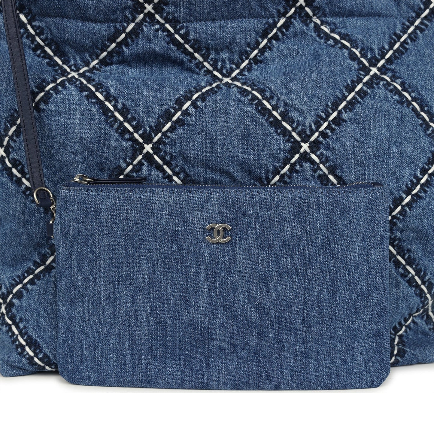 Chanel Small 22 Bag Blue Stitched Denim Silver Hardware