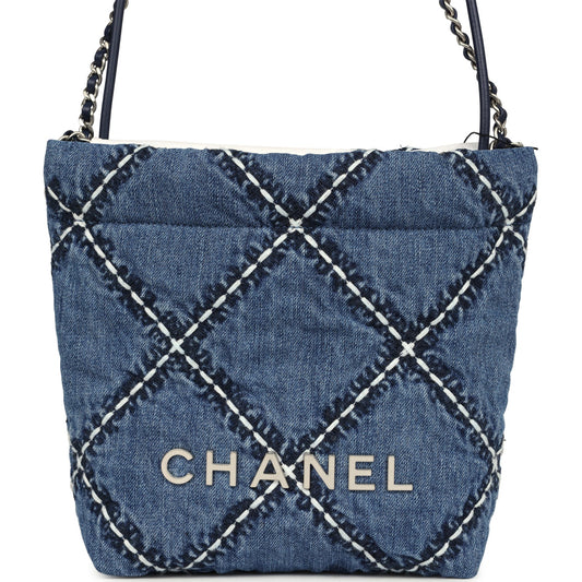 Chanel Mini 22 Bag Blue Stitched Denim Silver Hardware