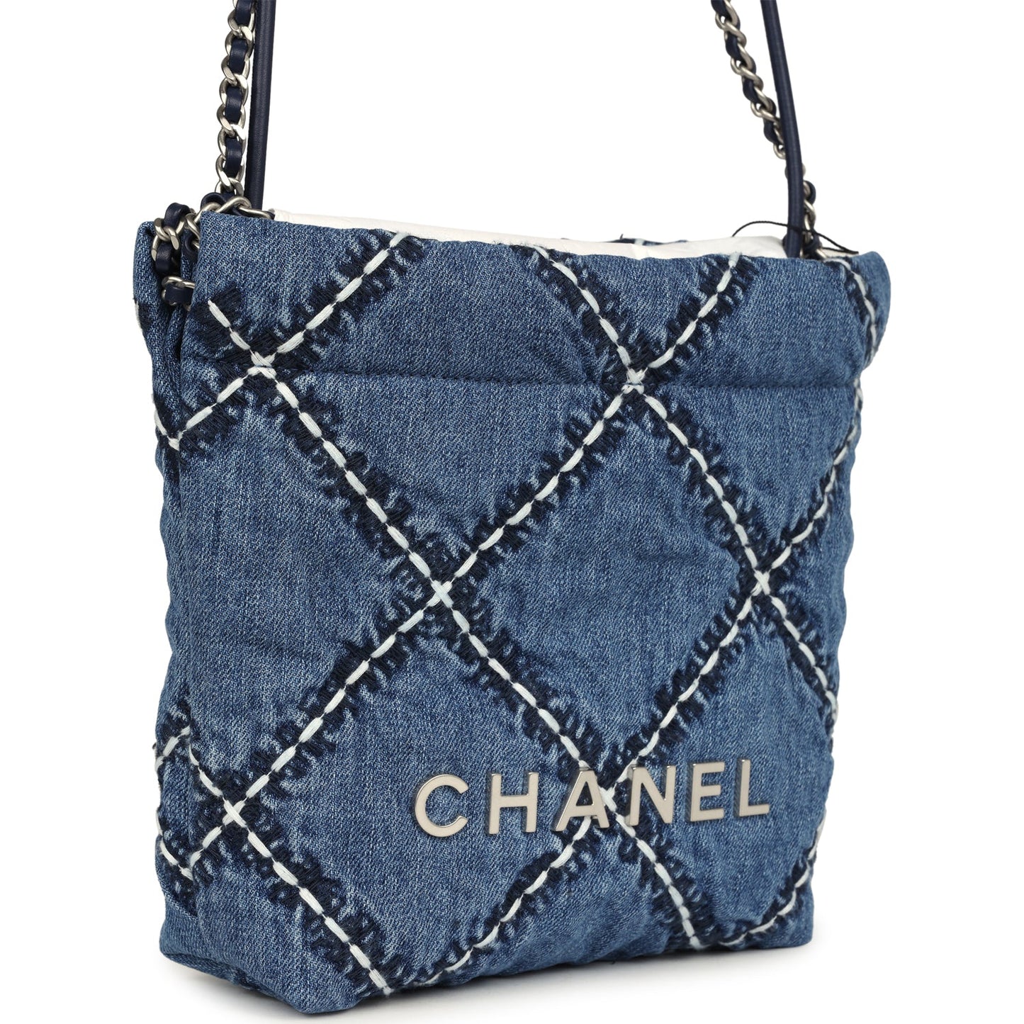 Chanel Mini 22 Bag Blue Stitched Denim Silver Hardware