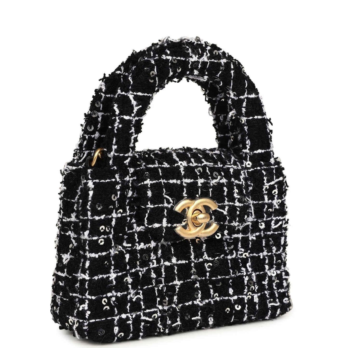 Chanel Nano Kelly Shopper Black, White & Sequin Tweed Brushed Gold Hardware