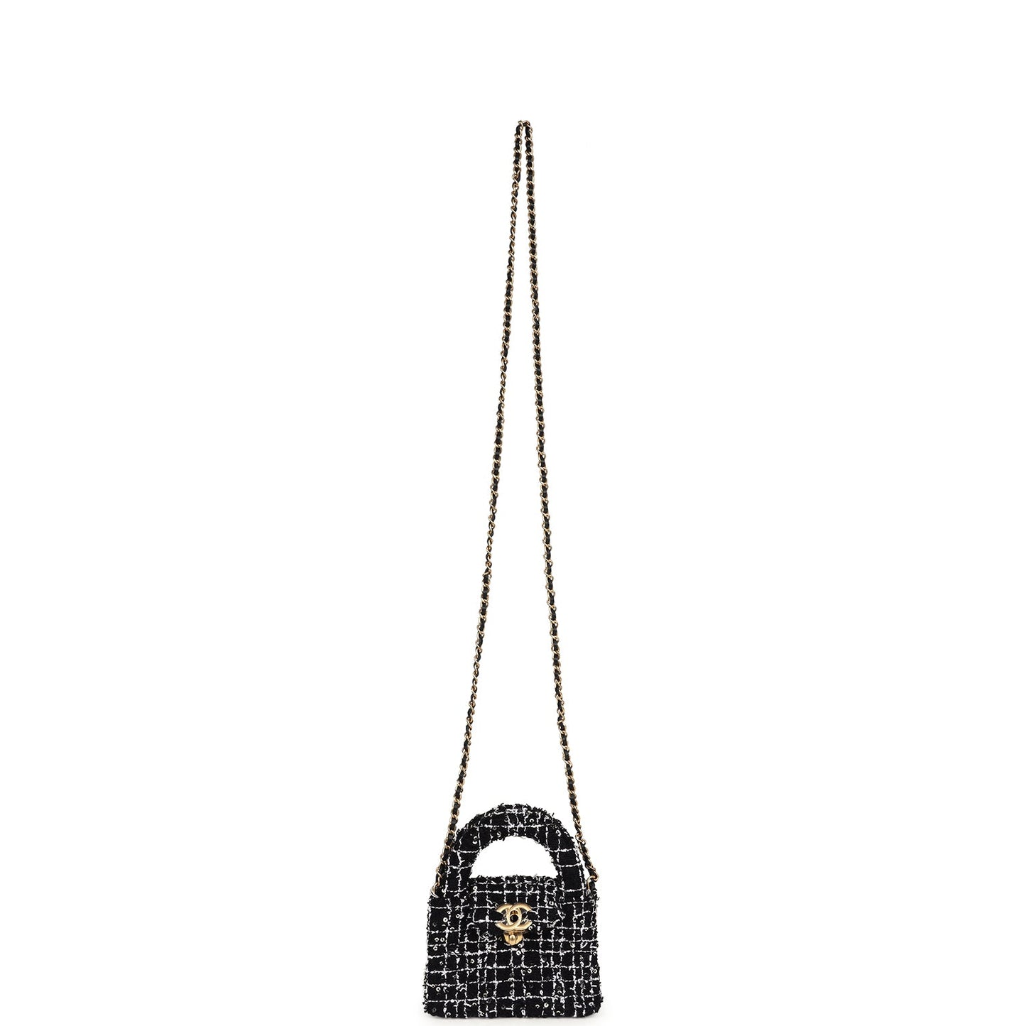 Chanel Nano Kelly Shopper Black, White & Sequin Tweed Brushed Gold Hardware