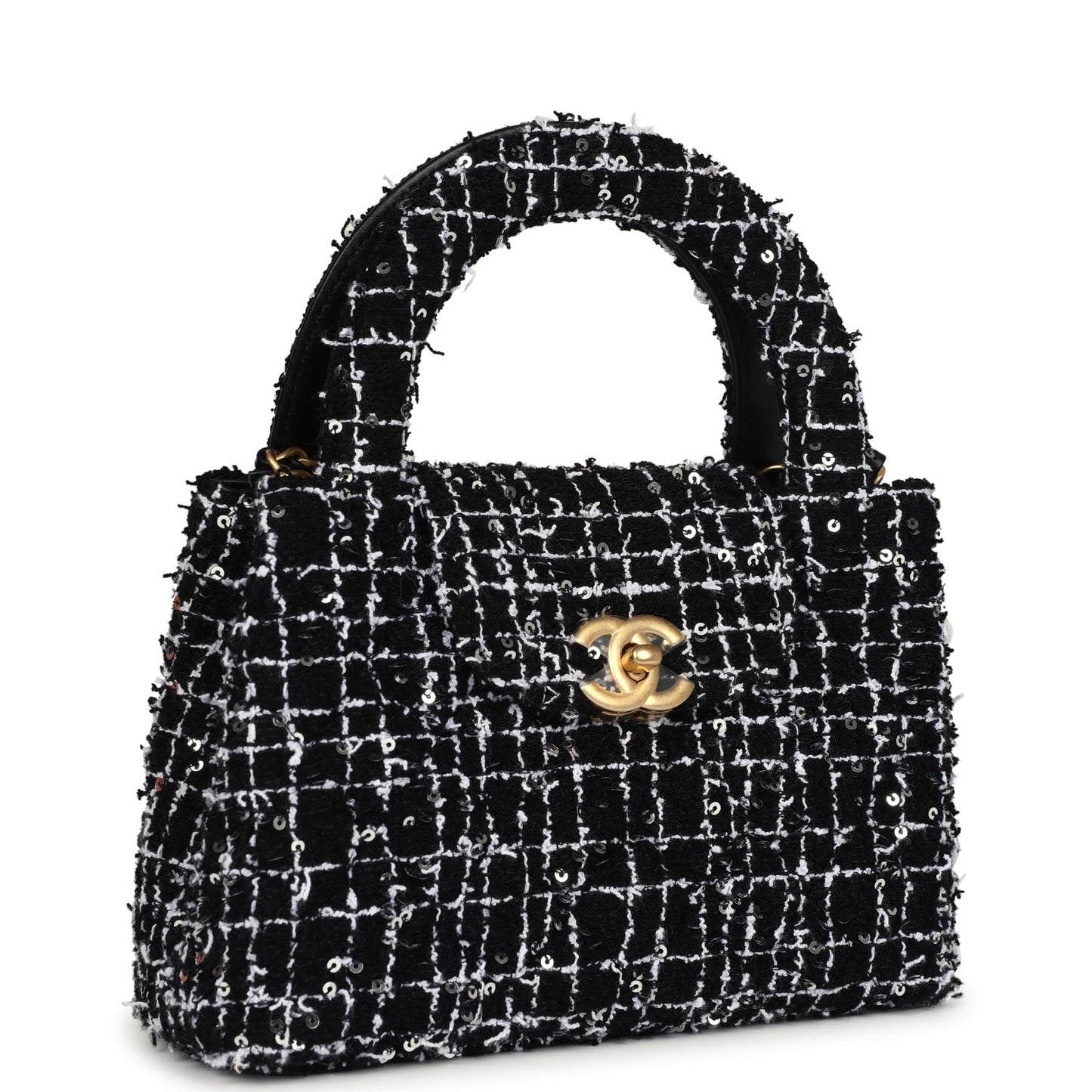 Chanel Small Kelly Shopper Black, White & Silver Sequin Tweed Brushed Gold Hardware