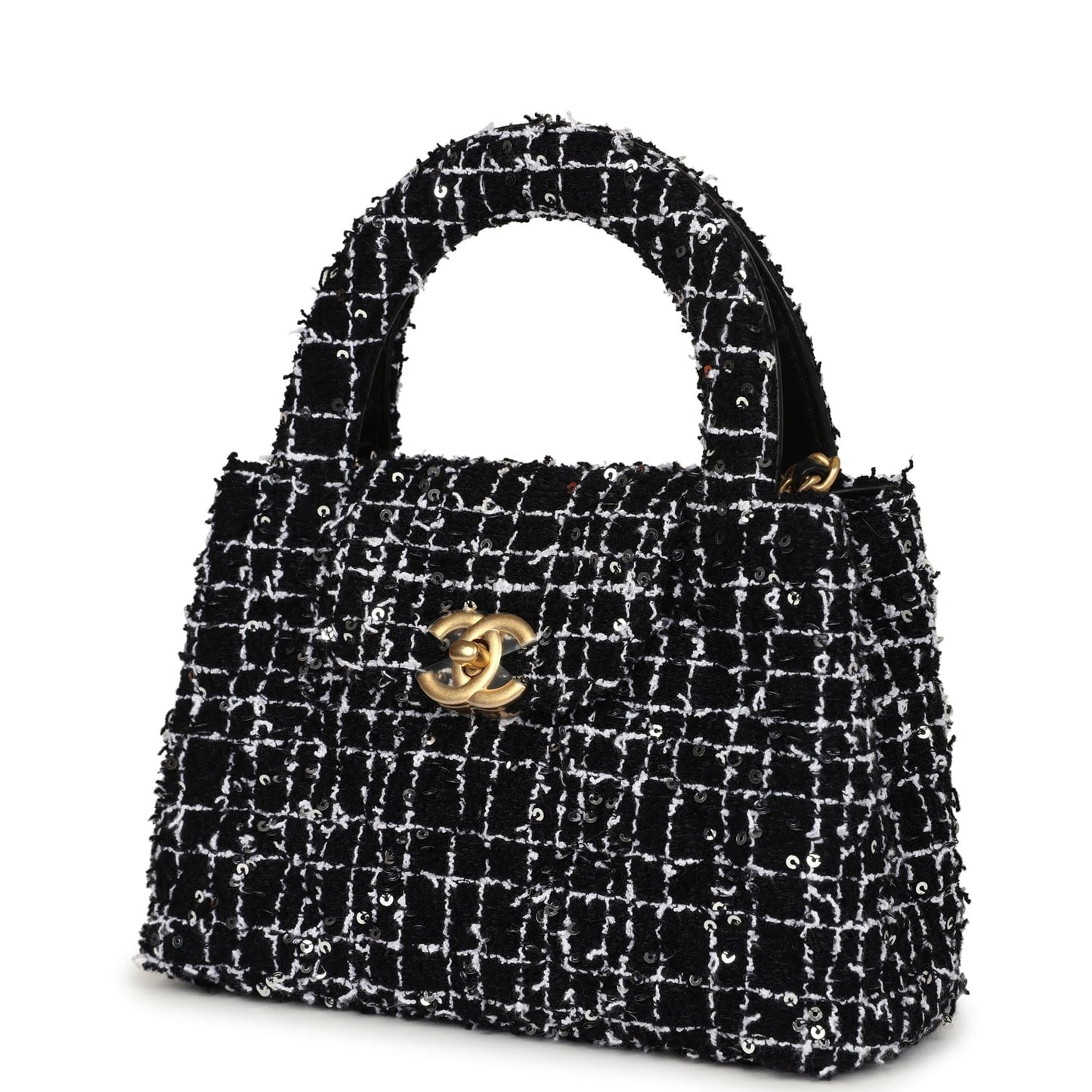 Chanel Small Kelly Shopper Black, White & Silver Sequin Tweed Brushed Gold Hardware