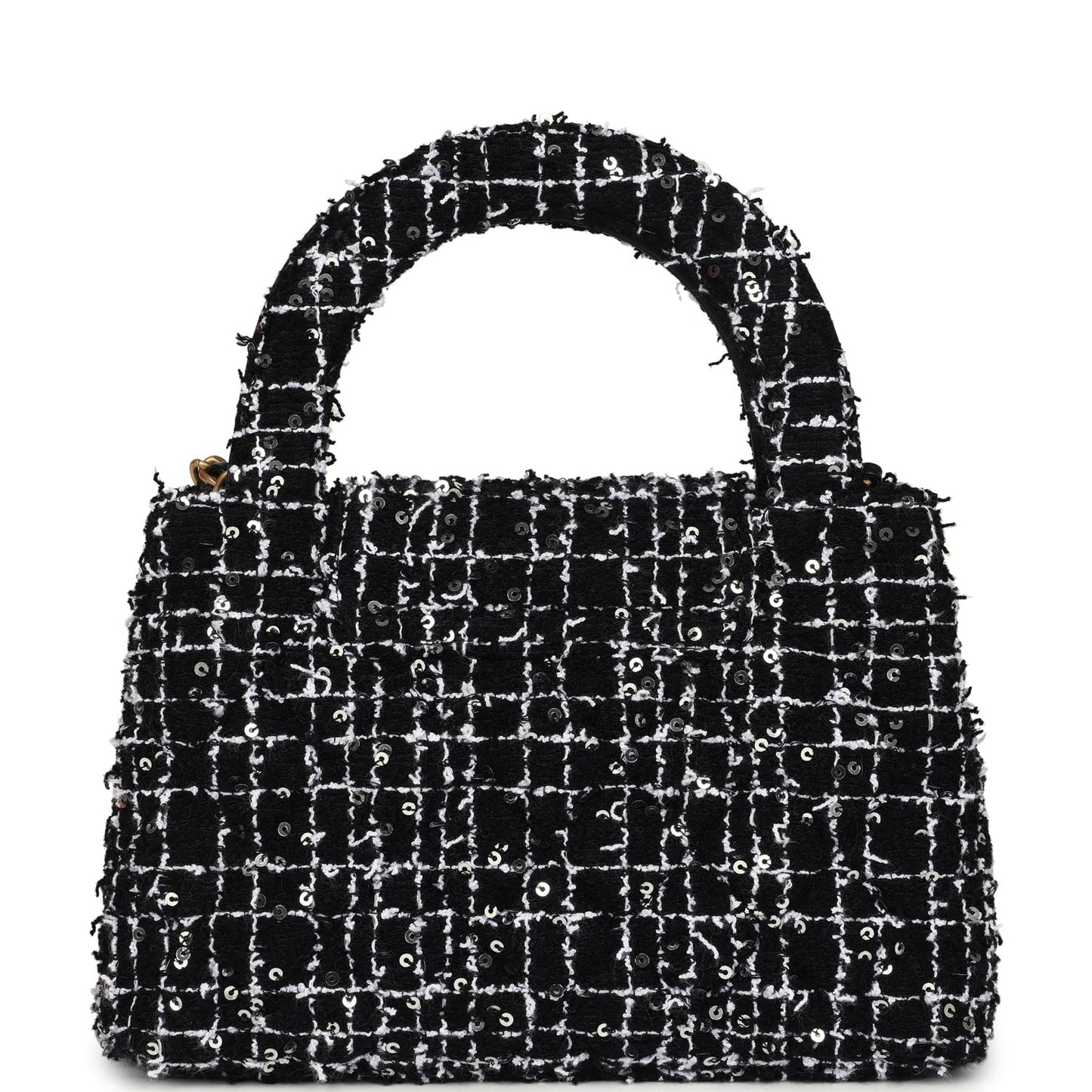 Chanel Small Kelly Shopper Black, White & Silver Sequin Tweed Brushed Gold Hardware