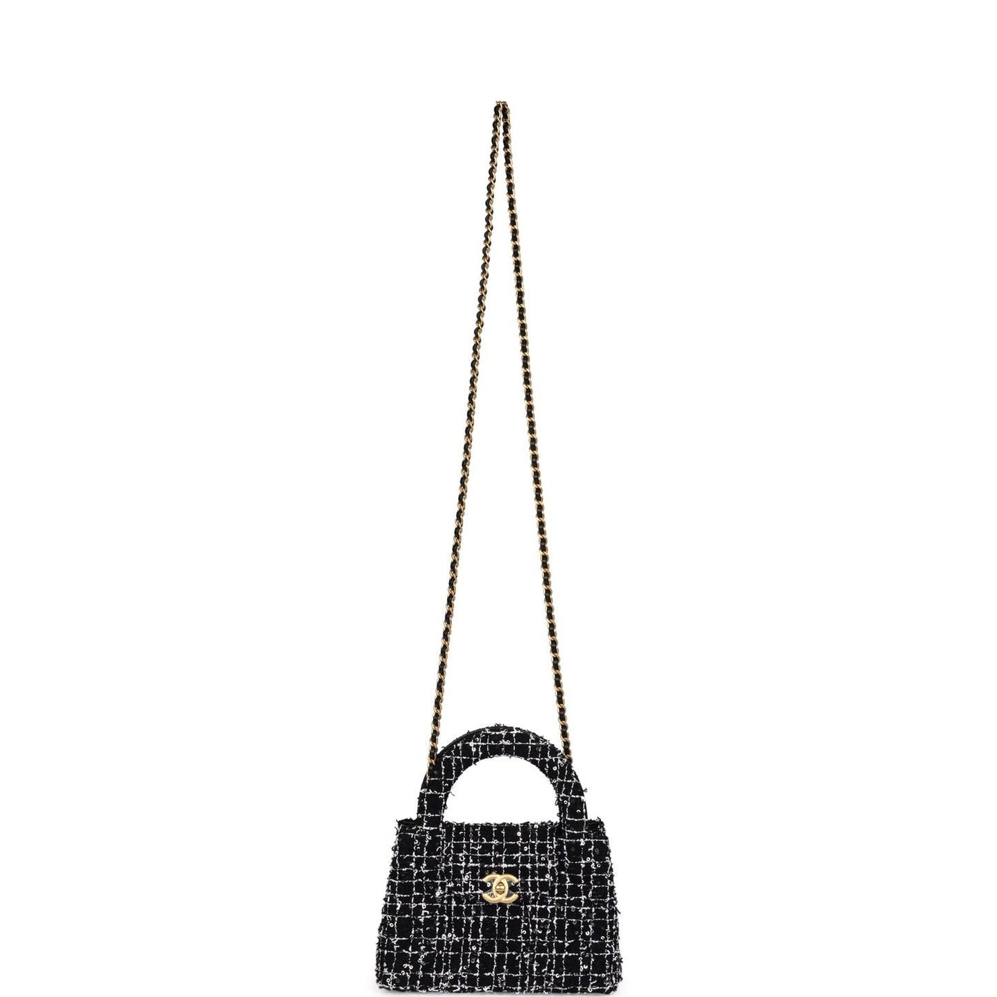 Chanel Small Kelly Shopper Black, White & Silver Sequin Tweed Brushed Gold Hardware