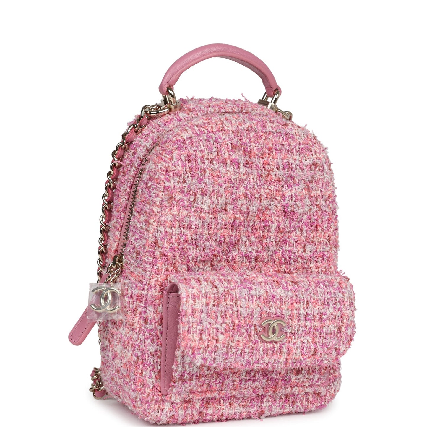 Chanel Mini Phone Holder Backpack with Chain Pink Multicolor Tweed Light Gold Hardware