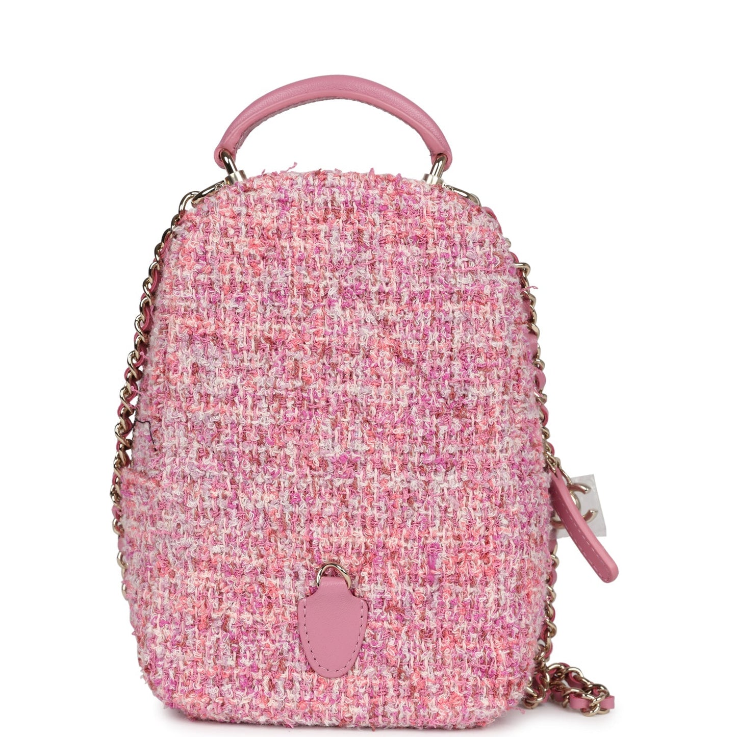 Chanel Mini Phone Holder Backpack with Chain Pink Multicolor Tweed Light Gold Hardware